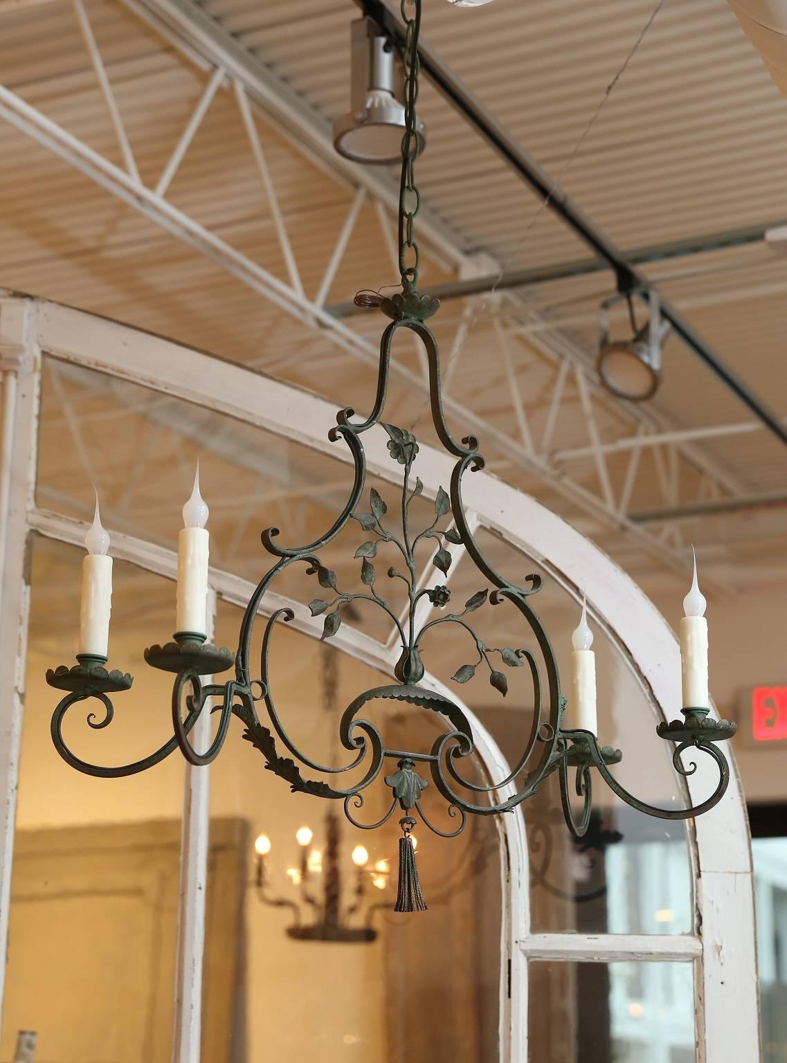 French Wrought Iron Green Painted Four-Arm Chandelier In Excellent Condition In Houston, TX