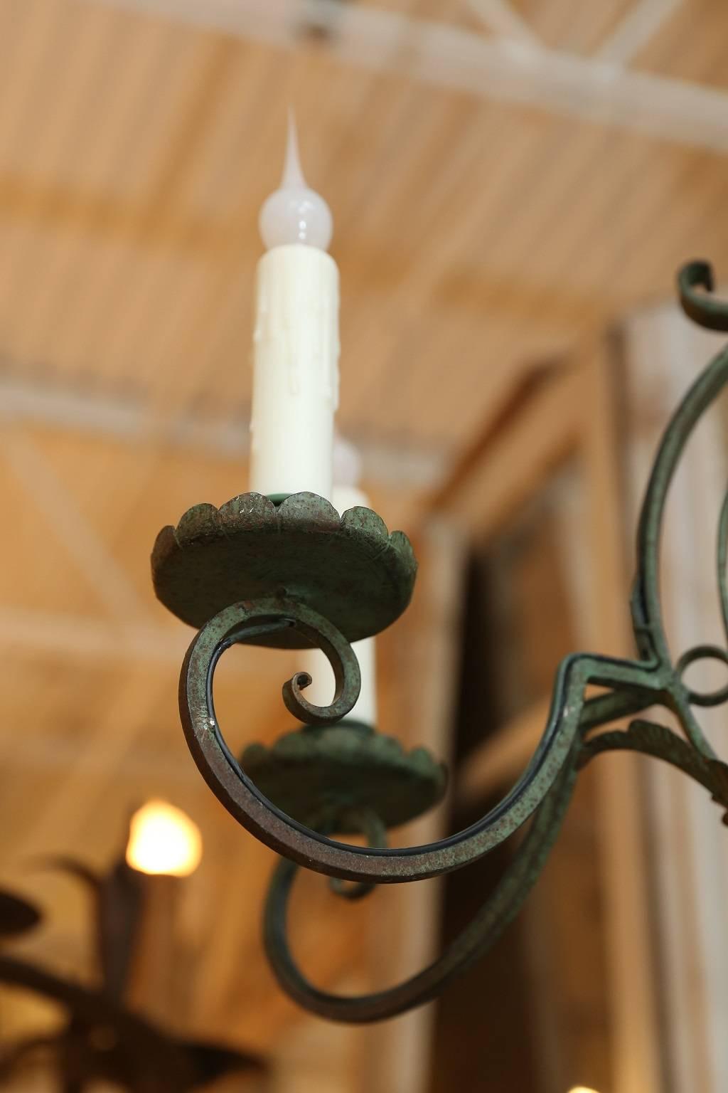 20th Century French Wrought Iron Green Painted Four-Arm Chandelier