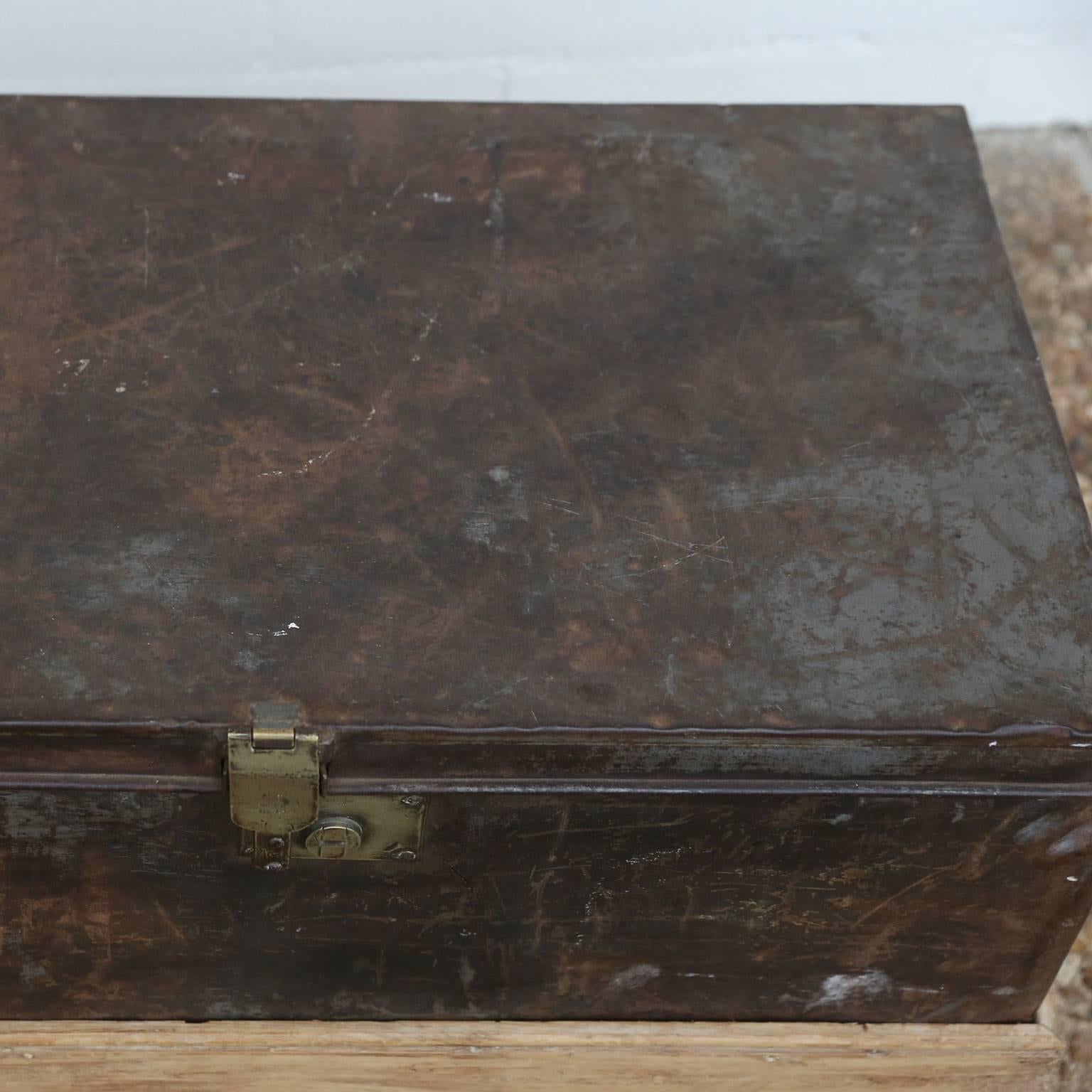 Early 20th Century Metal Trunk Set into Plinth In Excellent Condition In Houston, TX