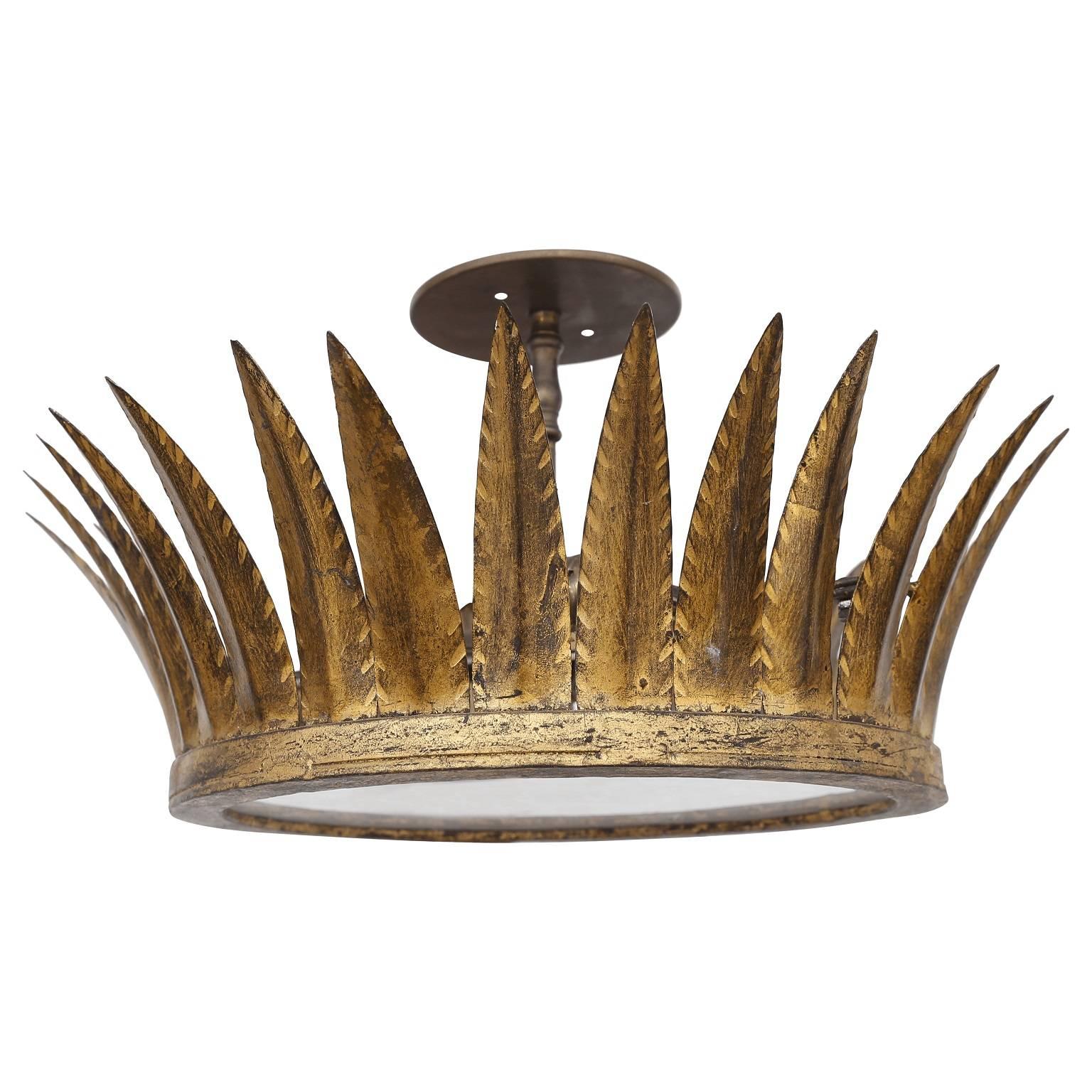 Gilded crown light fixture, flush mount for low ceilings, newly wired with two Edison base sockets and frosted glass.