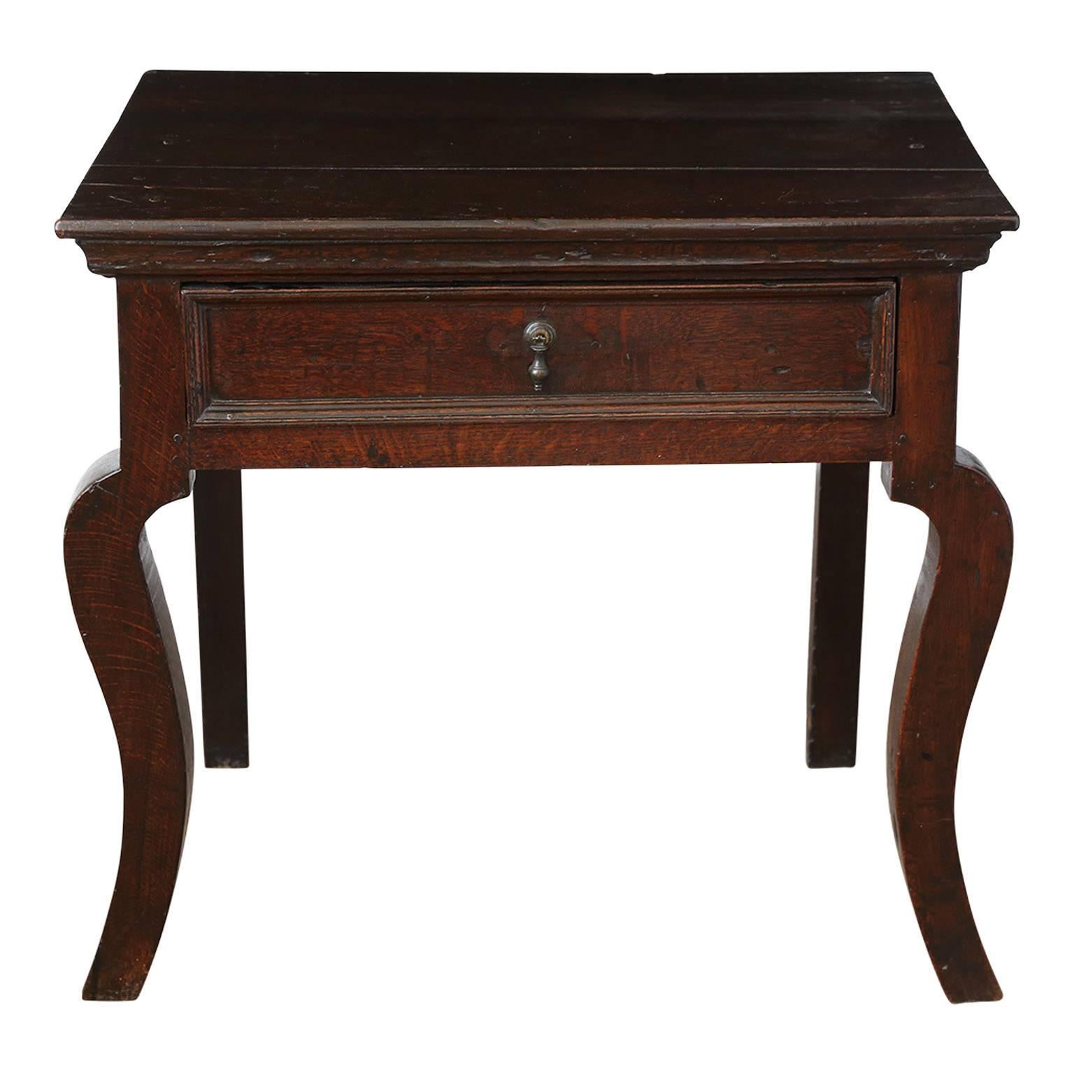 Hand-Carved Brown English Oak Side Table with Single Drawer