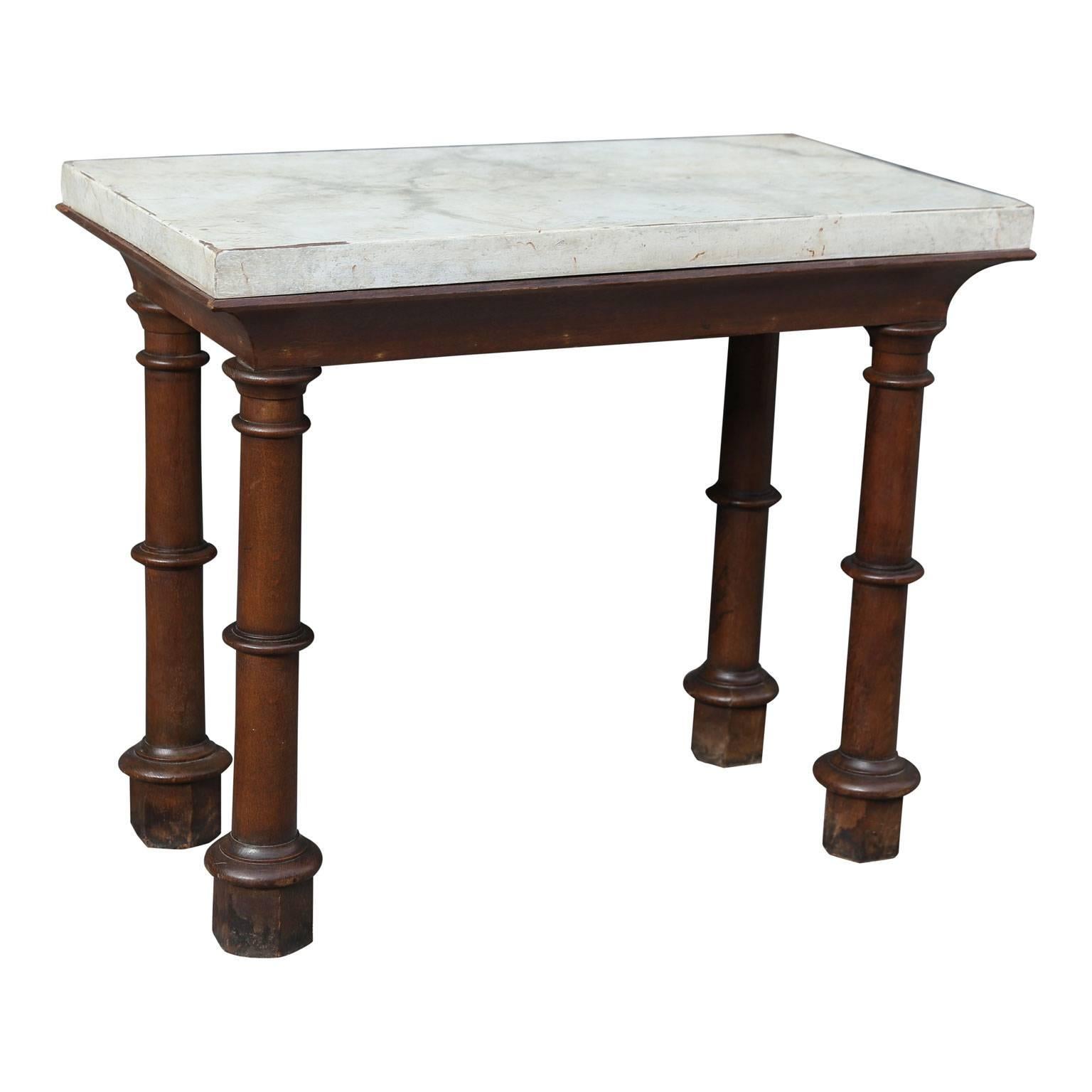 Hand-Carved Faux Carrara Marble Top Oak Two-Sided Console