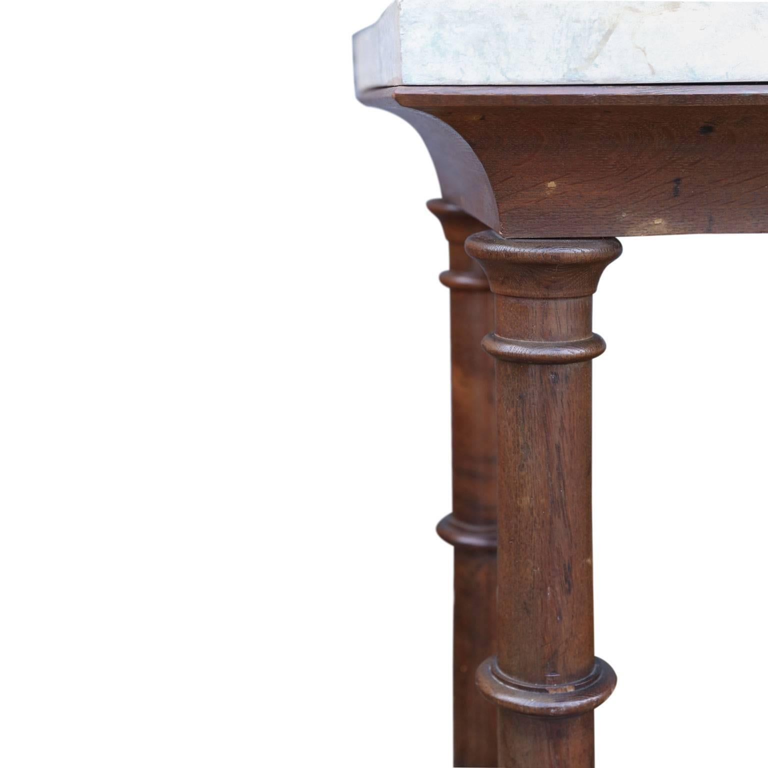 Faux Carrara Marble Top Oak Two-Sided Console In Good Condition In Houston, TX