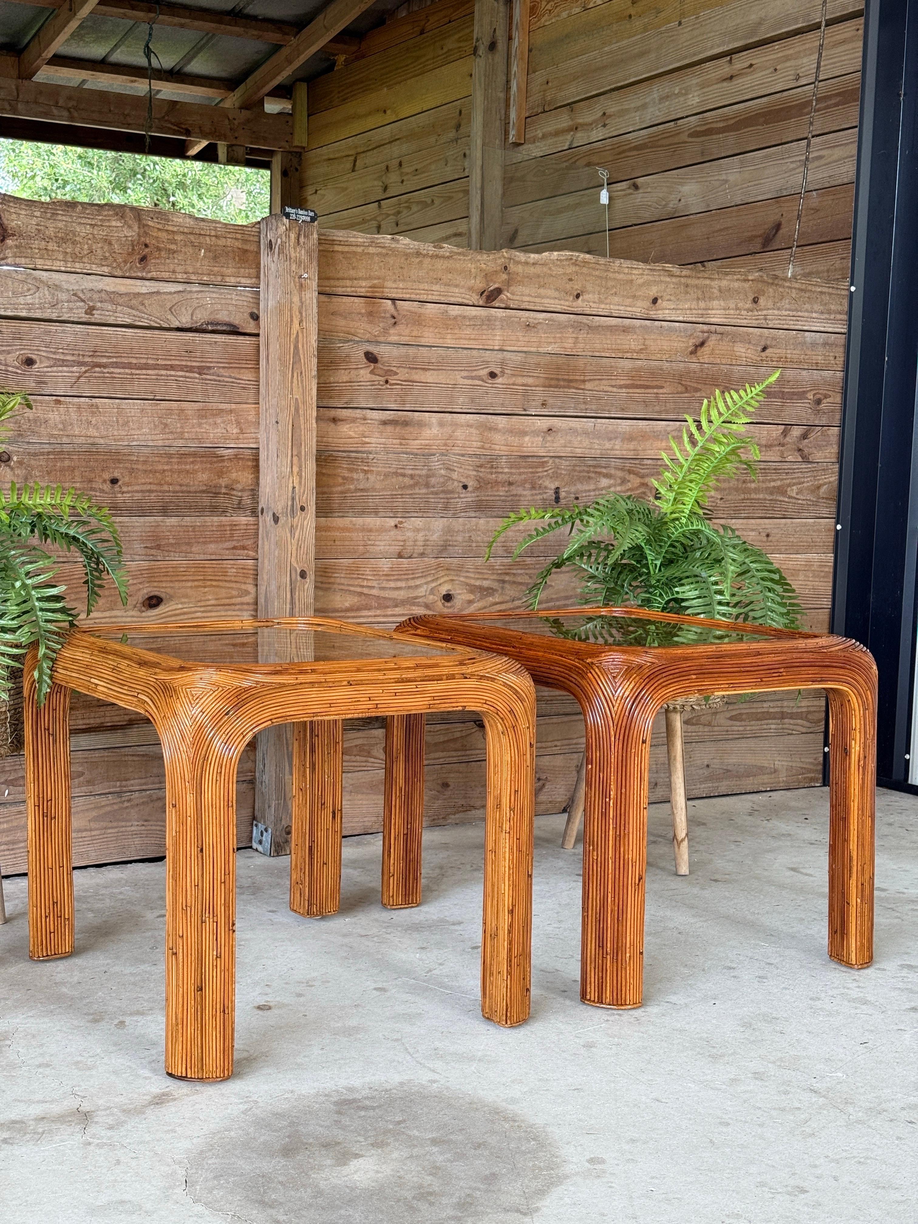 Mid-20th Century Restored Pencil Reed Rattan Side Tables With New Glass – Pair For Sale 9