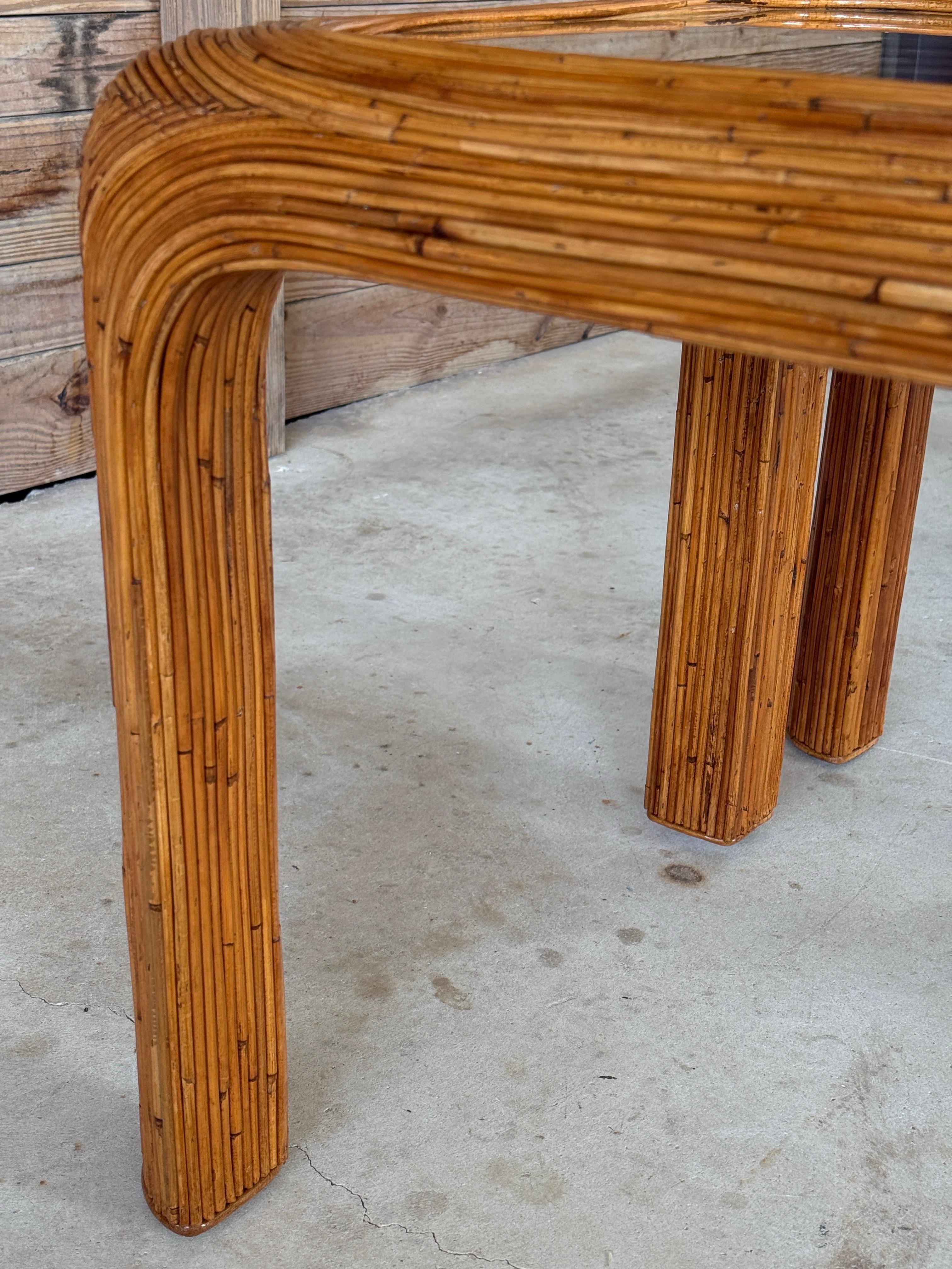 Organic Modern Mid-20th Century Restored Pencil Reed Rattan Side Tables With New Glass – Pair For Sale