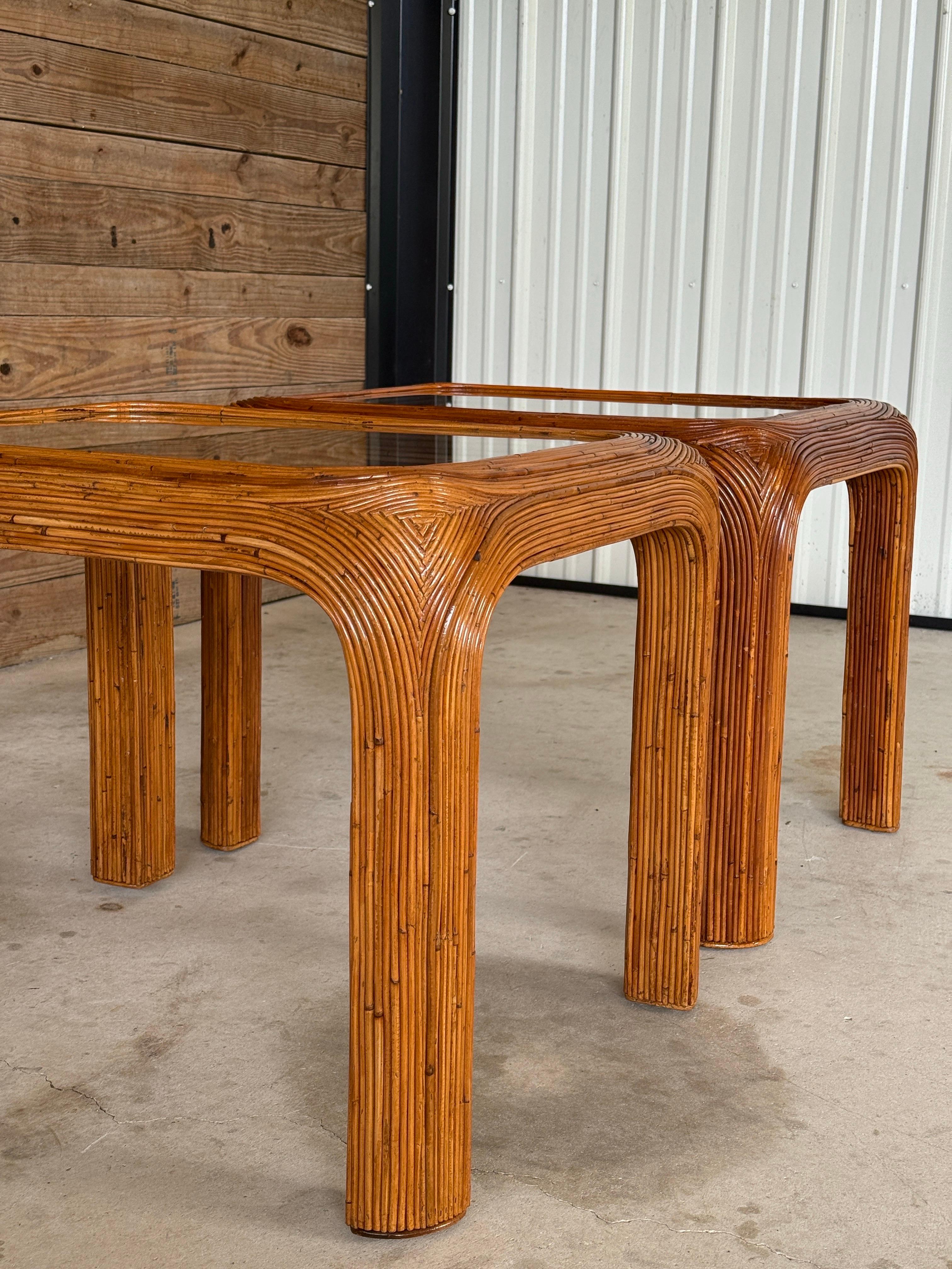 Unknown Mid-20th Century Restored Pencil Reed Rattan Side Tables With New Glass – Pair For Sale