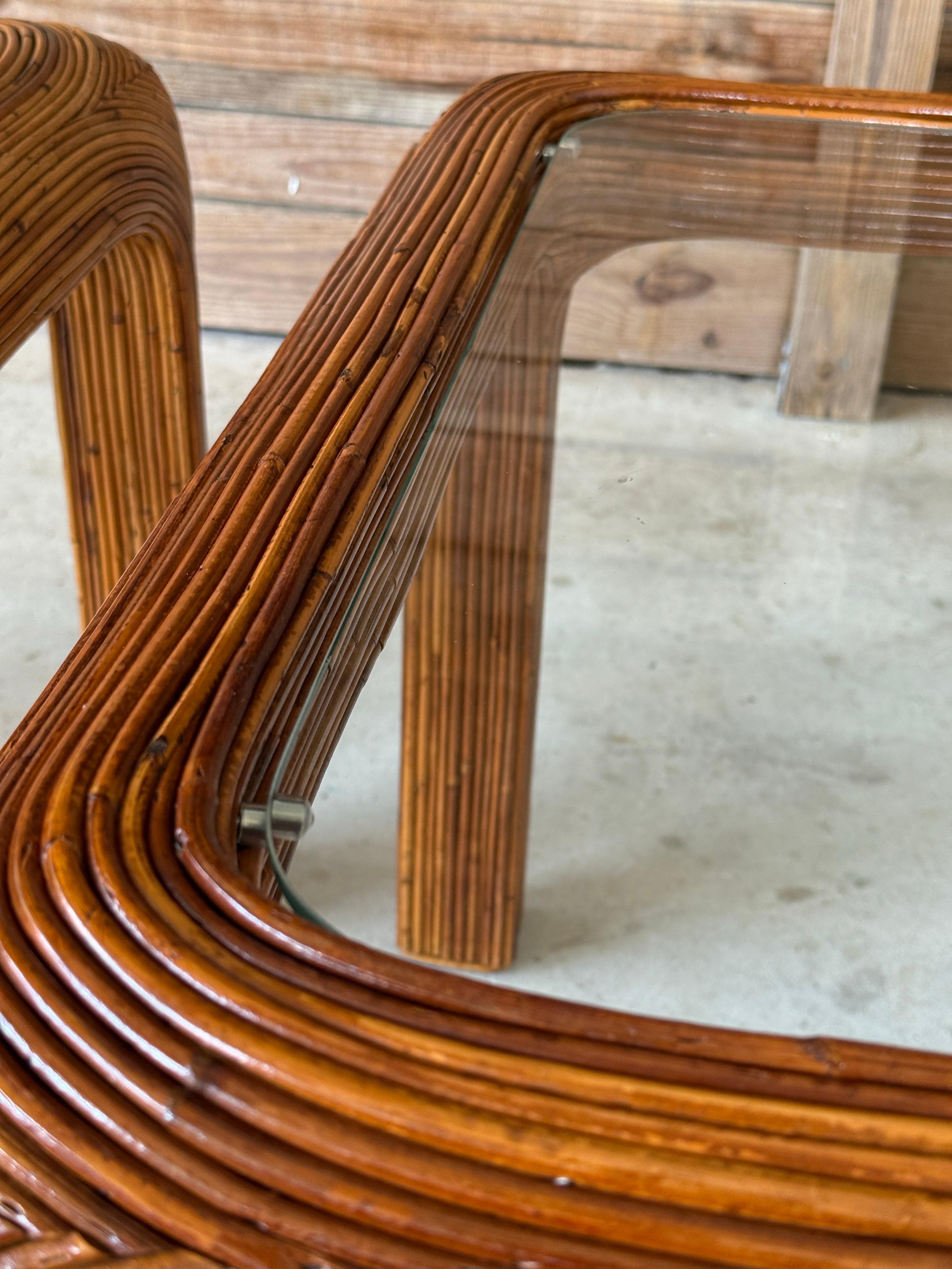 Hand-Crafted Mid-20th Century Restored Pencil Reed Rattan Side Tables With New Glass – Pair For Sale