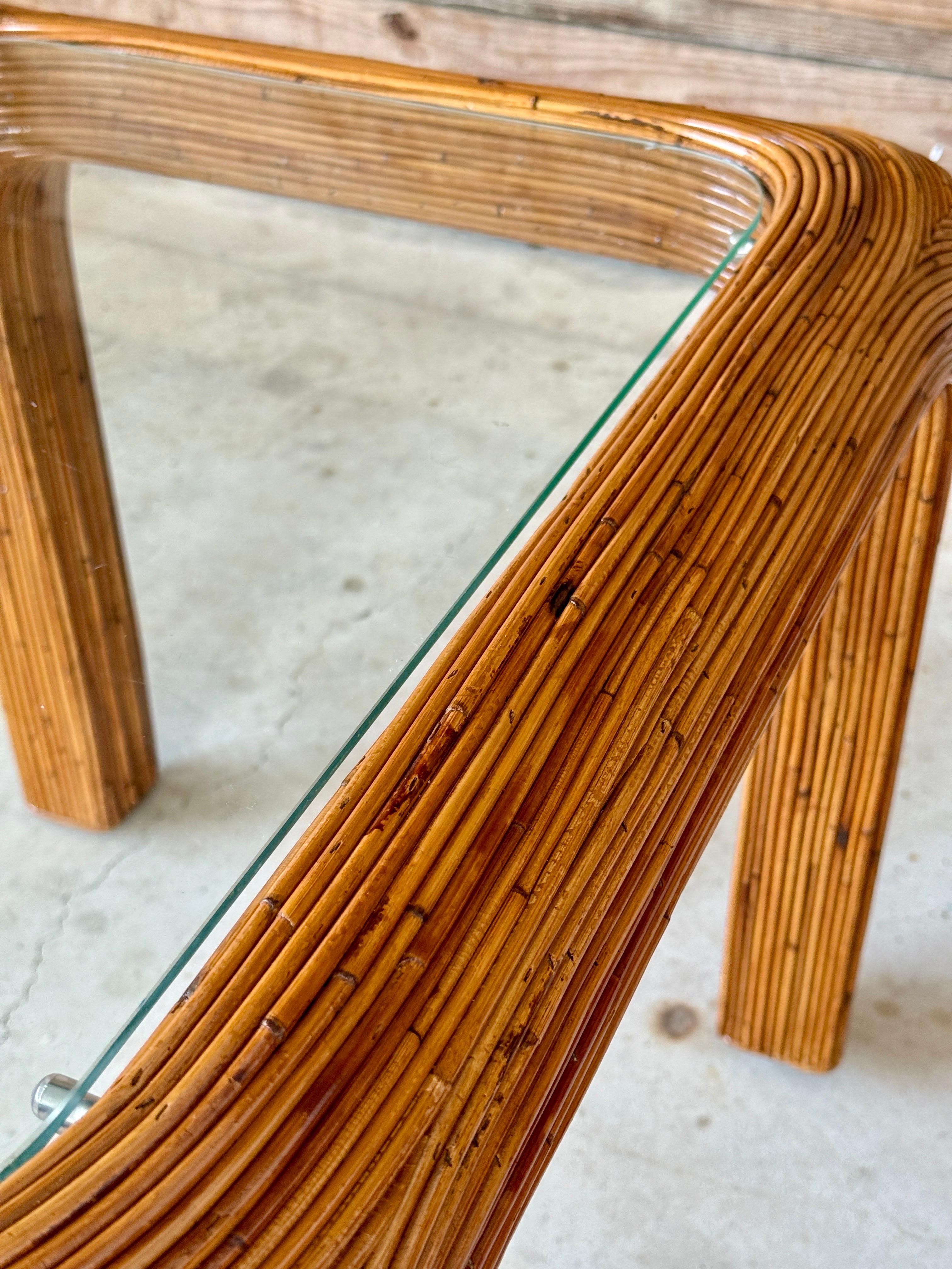 Mid-20th Century Restored Pencil Reed Rattan Side Tables With New Glass – Pair In Good Condition For Sale In North Fort Myers, FL