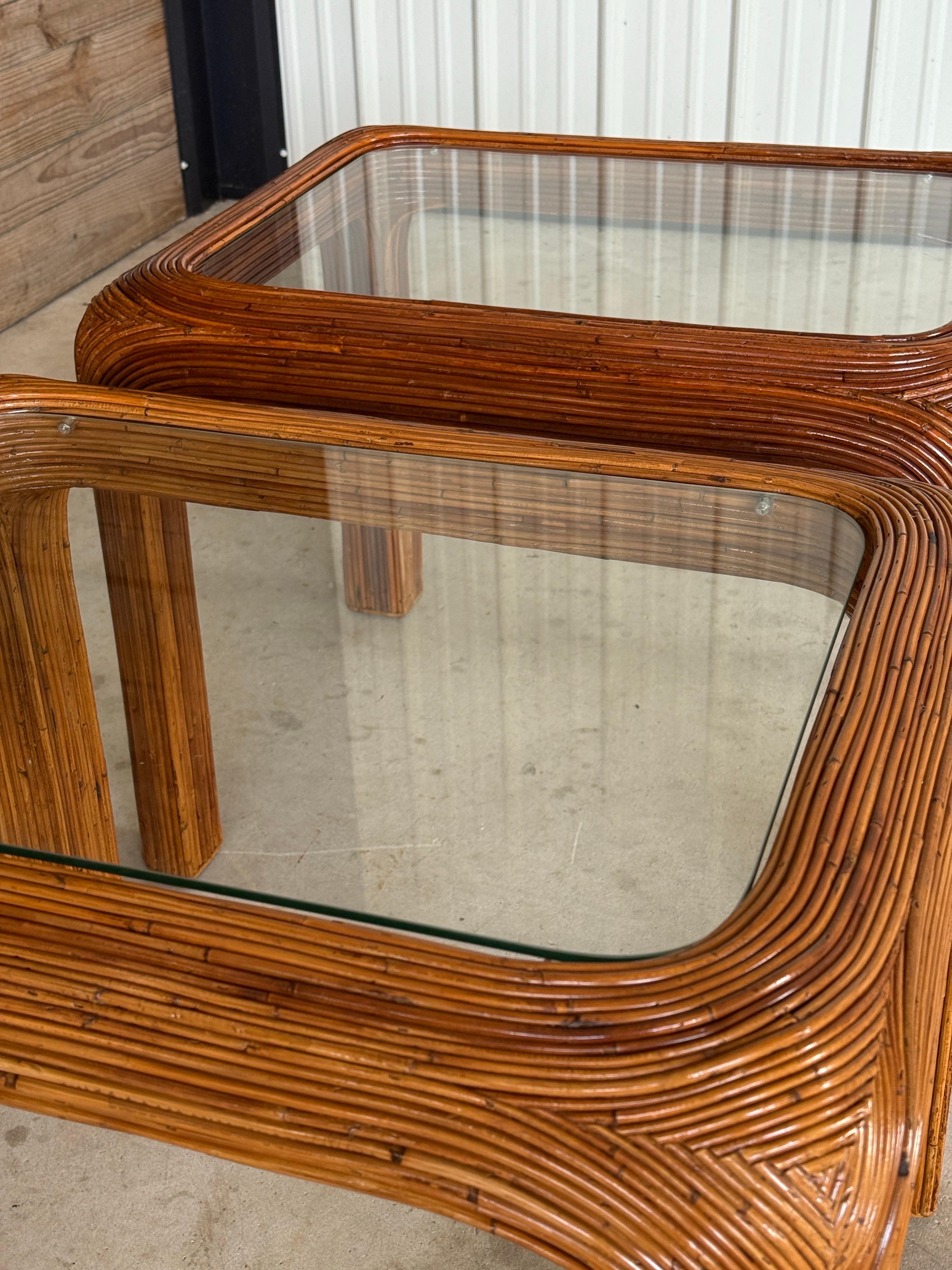 Mid-20th Century Restored Pencil Reed Rattan Side Tables With New Glass – Pair For Sale 1