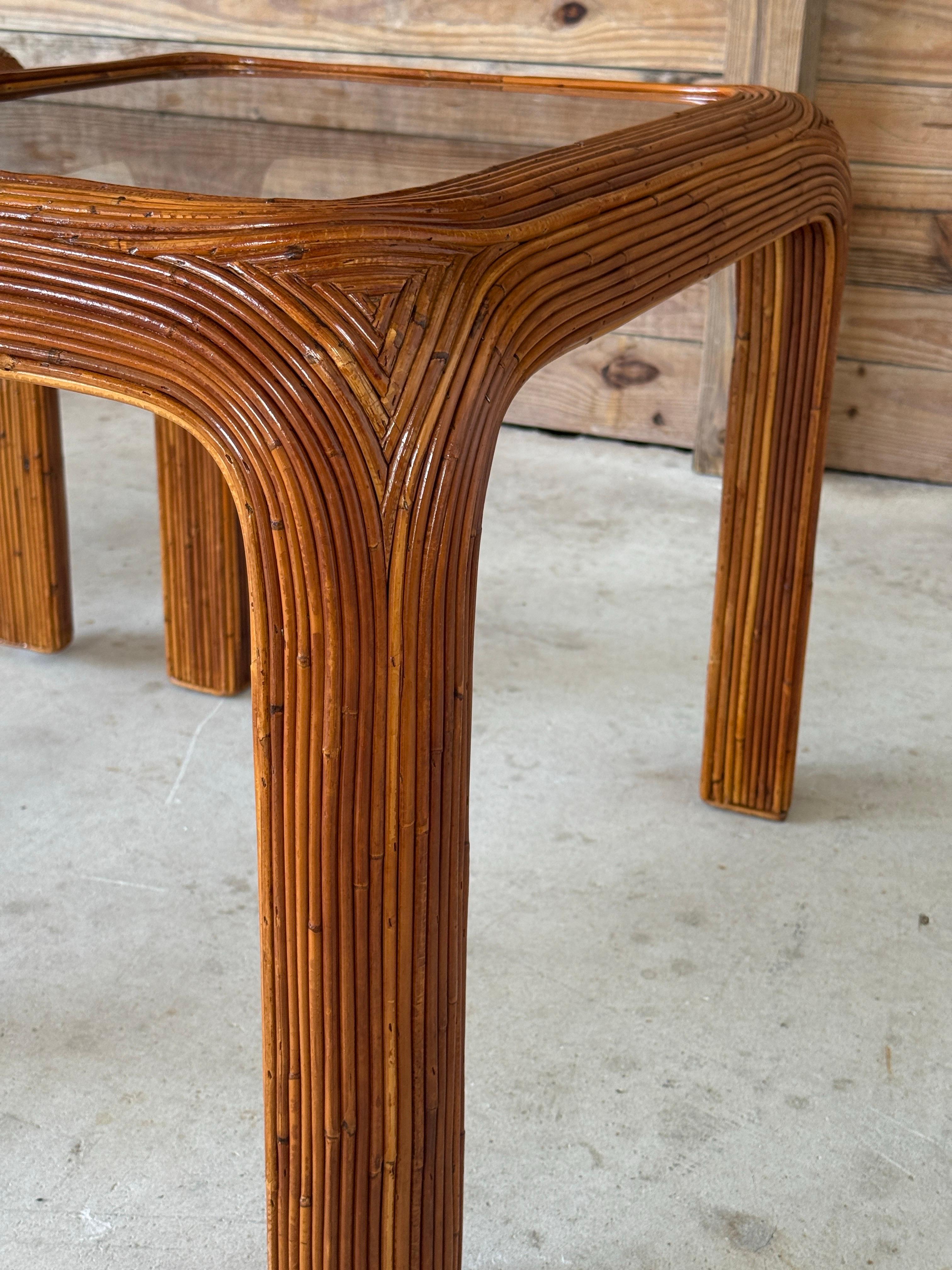 Mid-20th Century Restored Pencil Reed Rattan Side Tables With New Glass – Pair For Sale 3