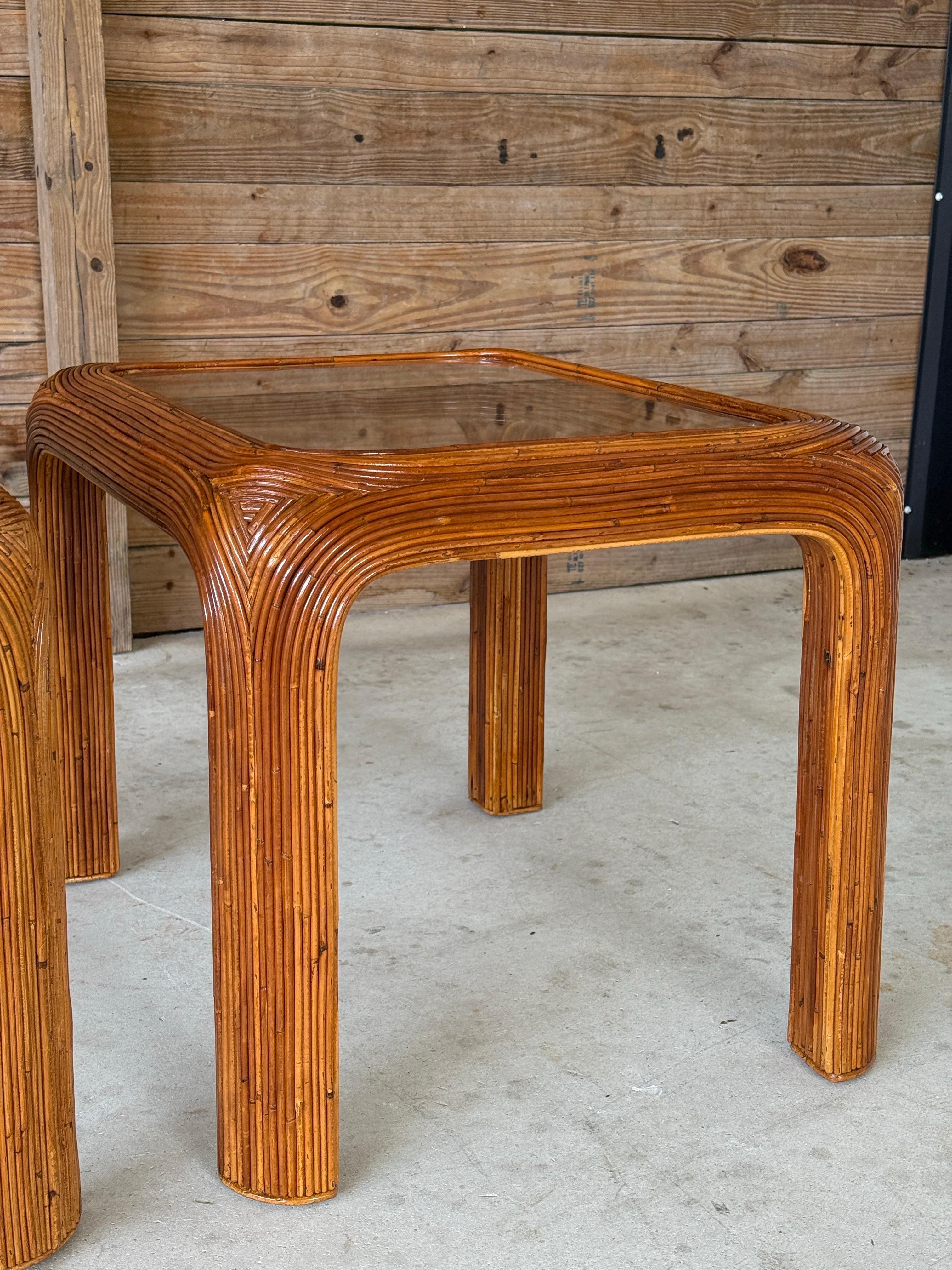 Mid-20th Century Restored Pencil Reed Rattan Side Tables With New Glass – Pair For Sale 4