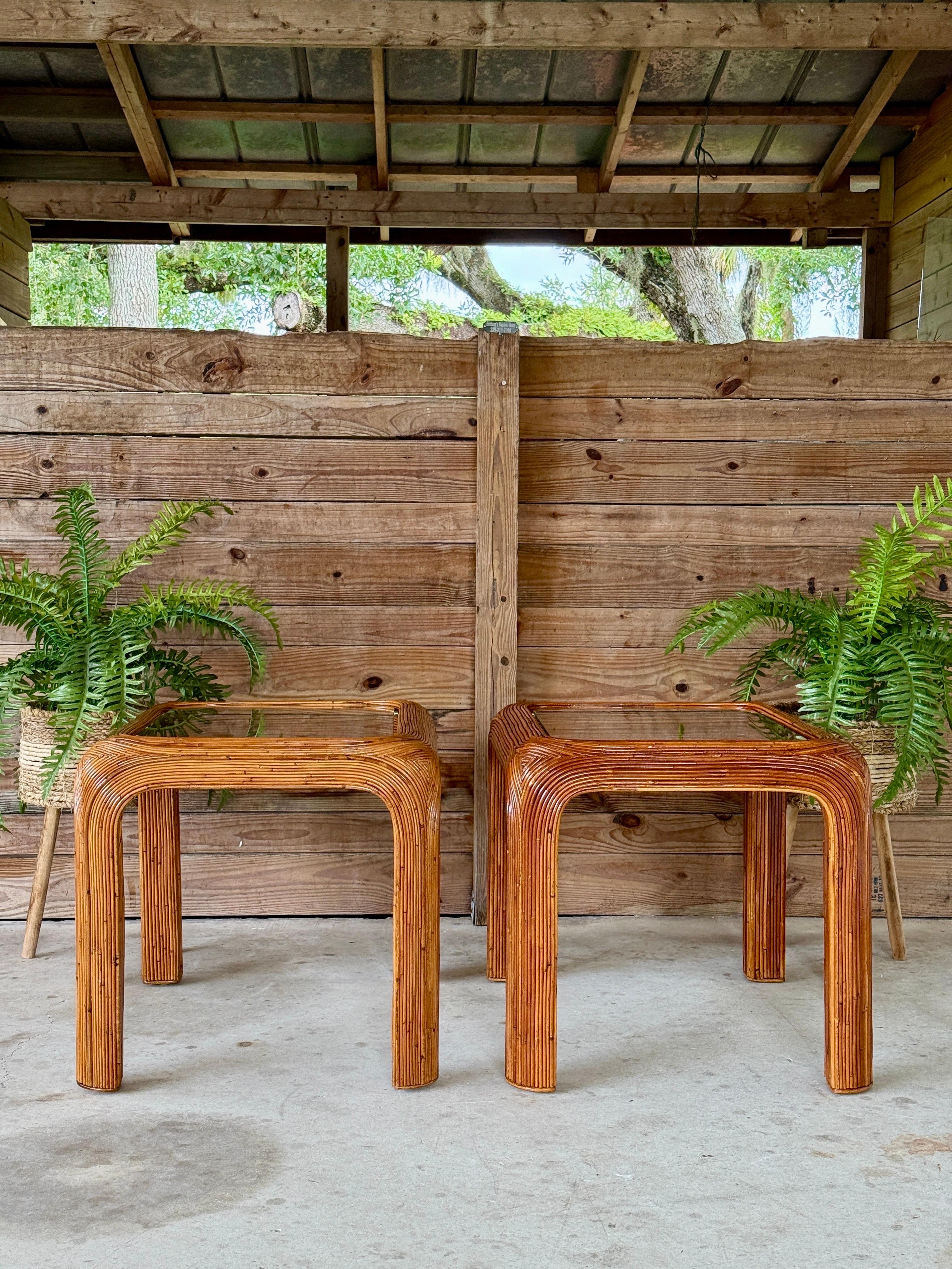 Mid-20th Century Restored Pencil Reed Rattan Side Tables With New Glass – Pair For Sale 5