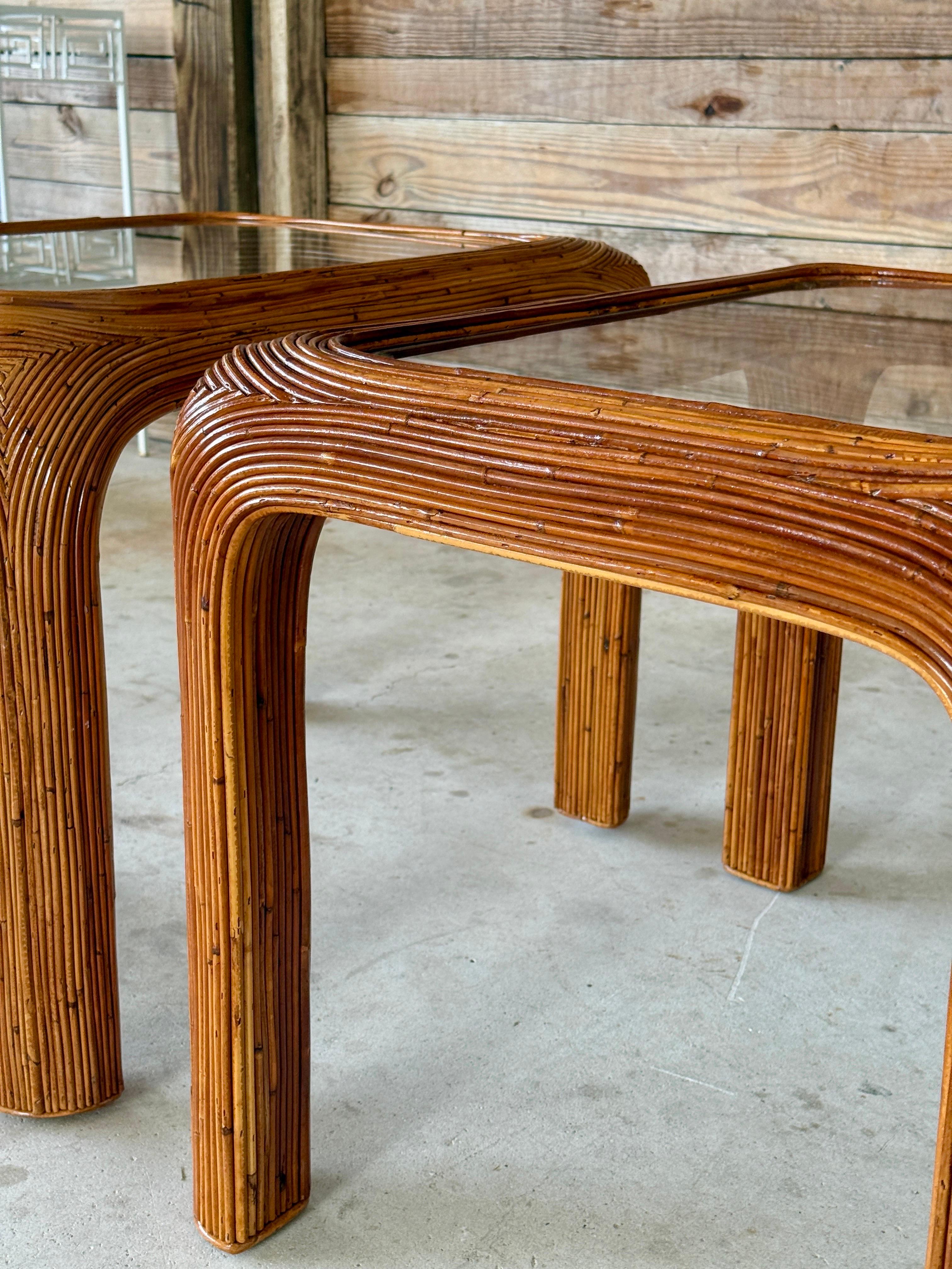 Mid-20th Century Restored Pencil Reed Rattan Side Tables With New Glass – Pair For Sale 6