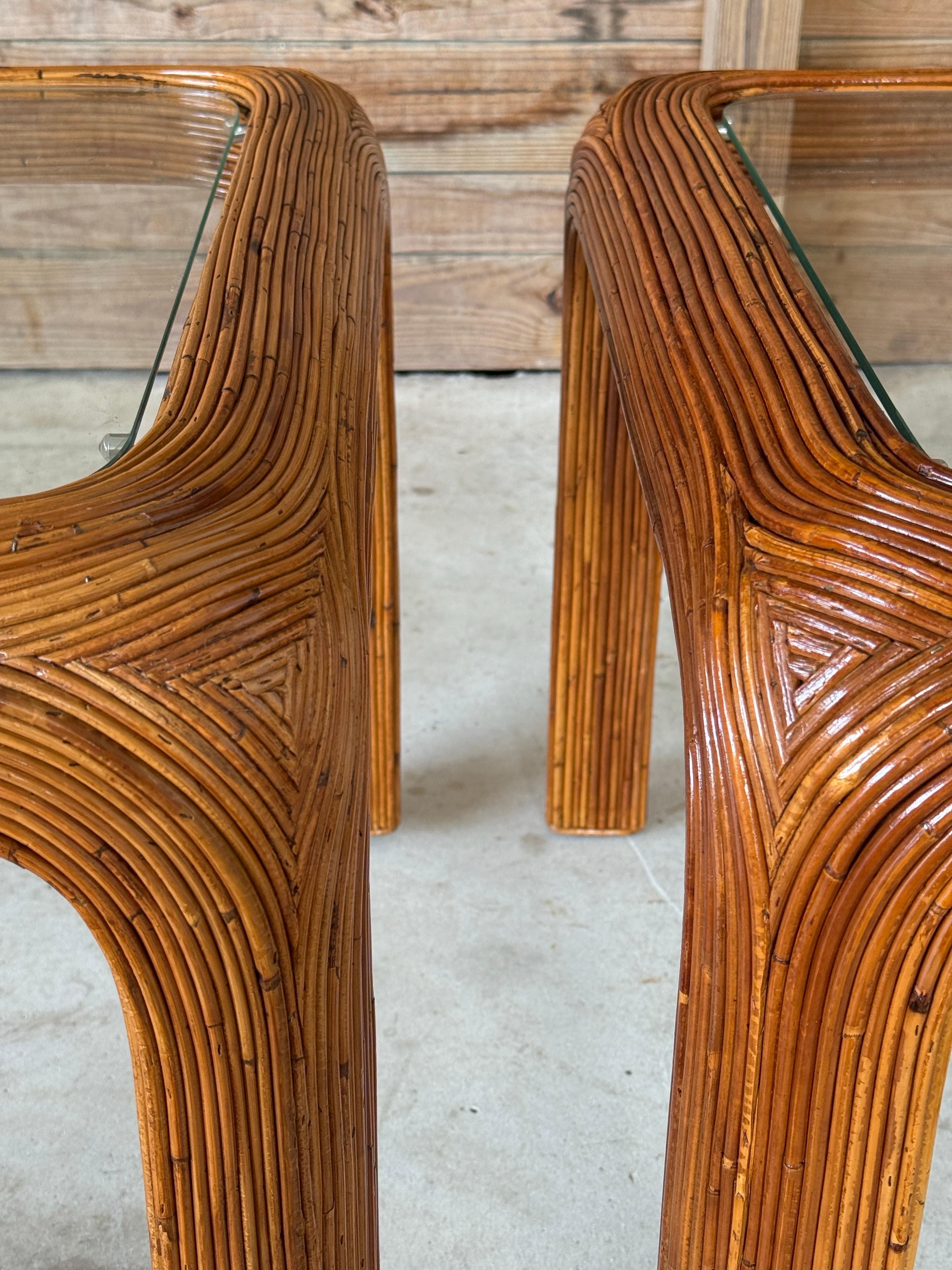 Mid-20th Century Restored Pencil Reed Rattan Side Tables With New Glass – Pair For Sale 7