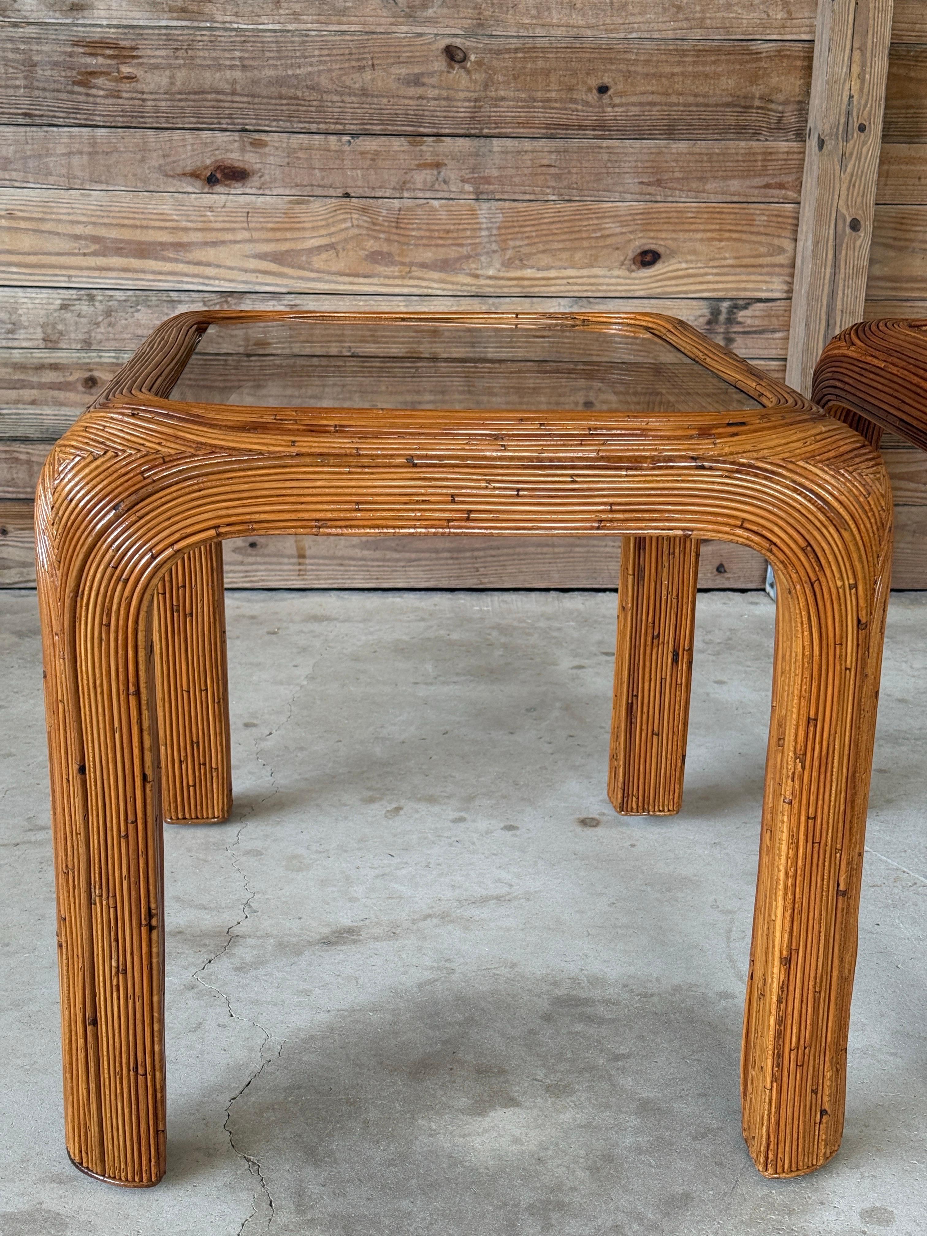 Mid-20th Century Restored Pencil Reed Rattan Side Tables With New Glass – Pair For Sale 8
