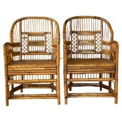 Mid-20th Century Refinished burnt Rattan Cane Side Arm Chairs-Pair