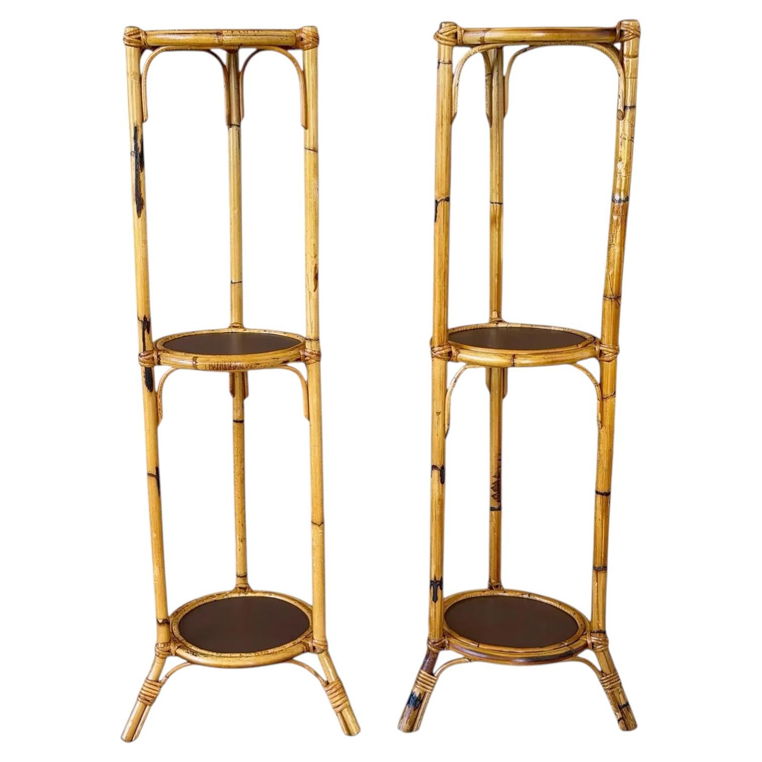 Pair of Victorian Rattan Three-Tier Plant Stands, Late 19th Century For Sale