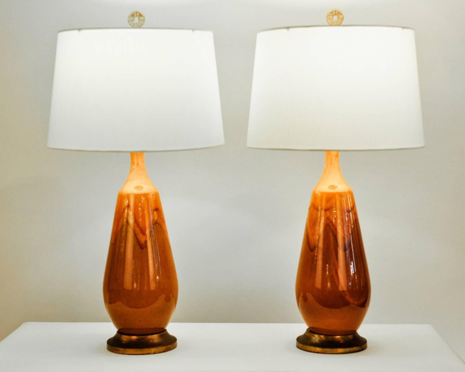 Vintage Pair of Porcelain Table Lamps with Brass Base 1