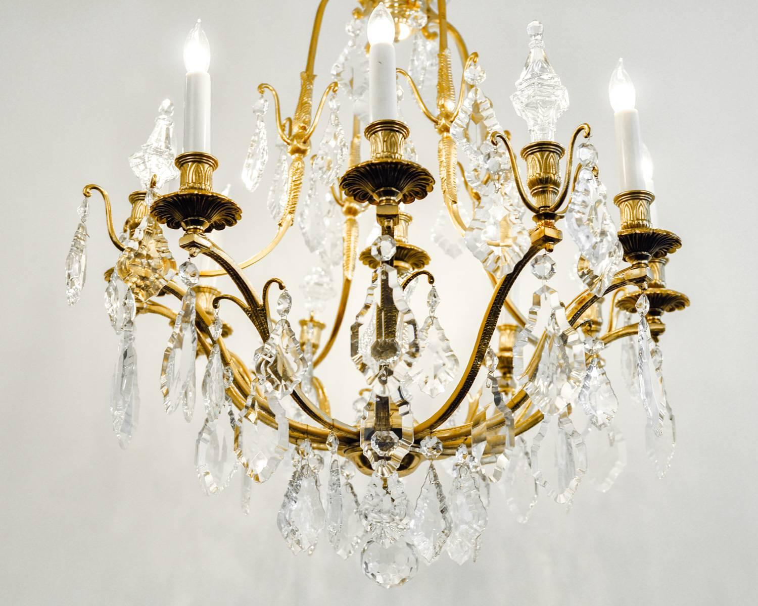 Antique French Cut Crystal Eight-Arm Brass Frame Chandelier In Excellent Condition In Tarry Town, NY