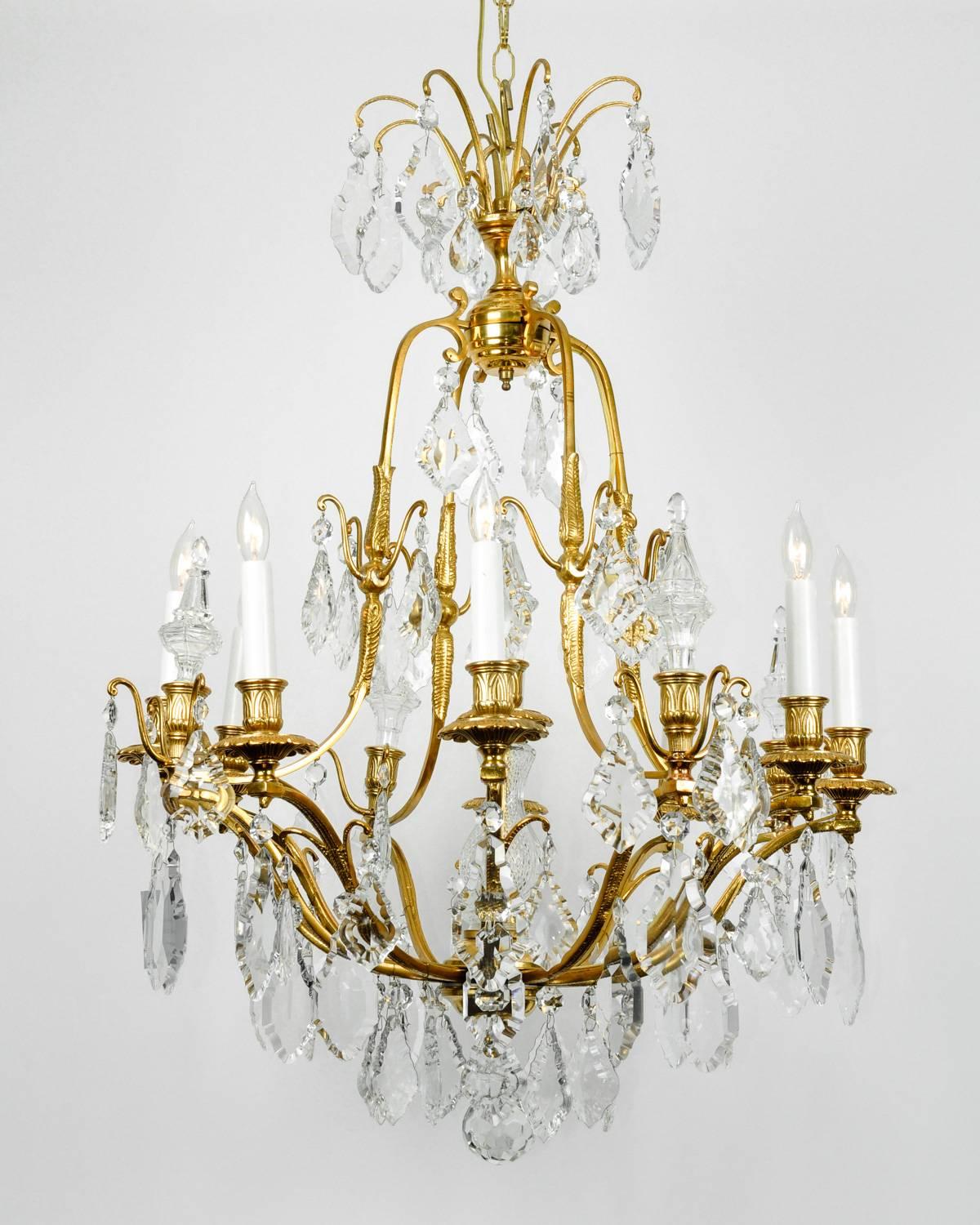 Late 19th Century Antique French Cut Crystal Eight-Arm Brass Frame Chandelier