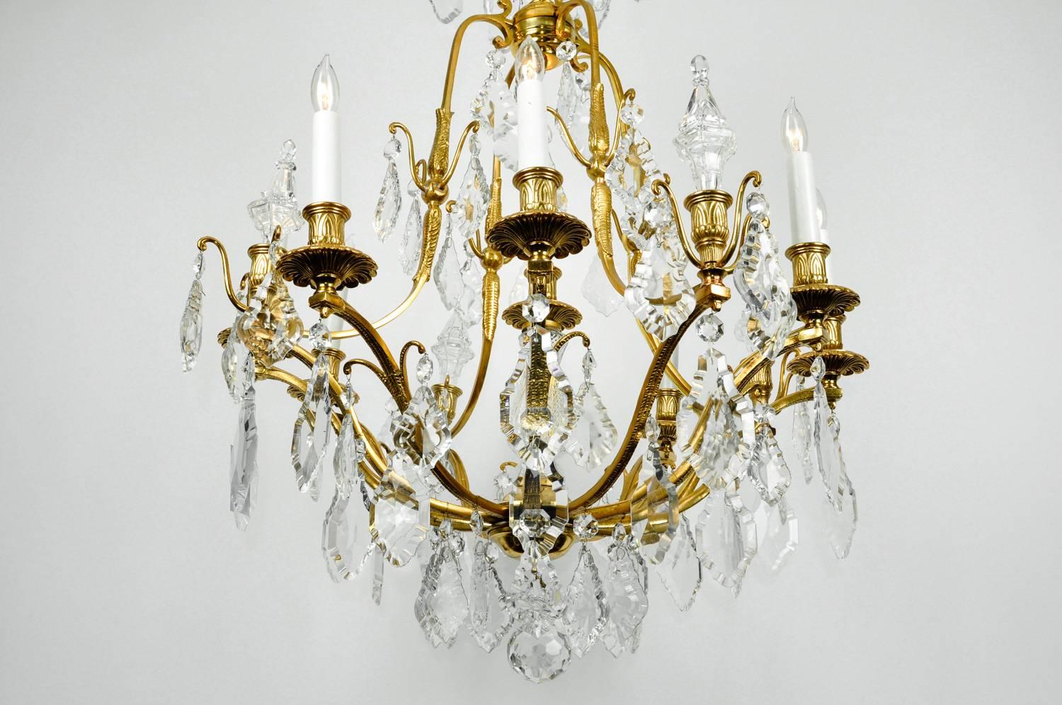 Antique French Cut Crystal Eight-Arm Brass Frame Chandelier 1