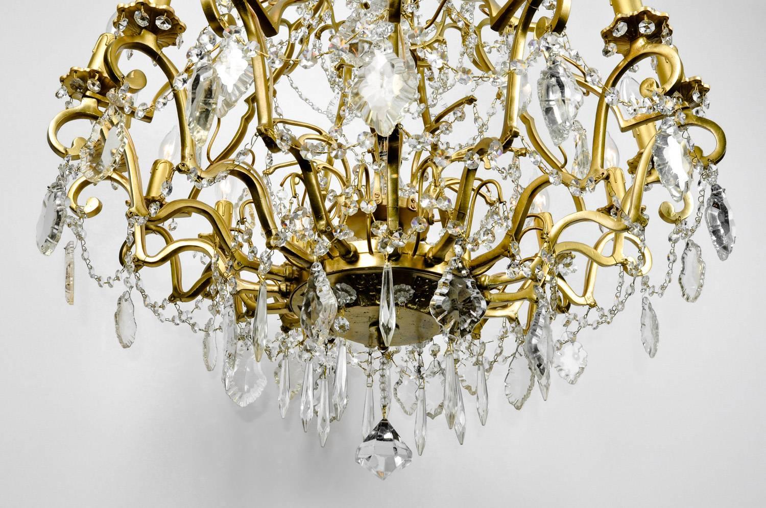 Early 20th Century Vintage French Cut Crystal/Brass frame Sixteen Arms Chandelier