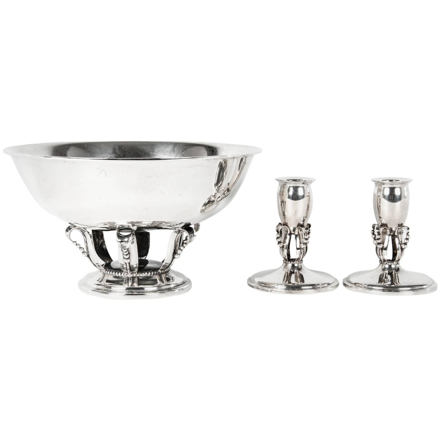 Sterling Silver Mid-Century Footed Center Piece with Two Candlesticks .