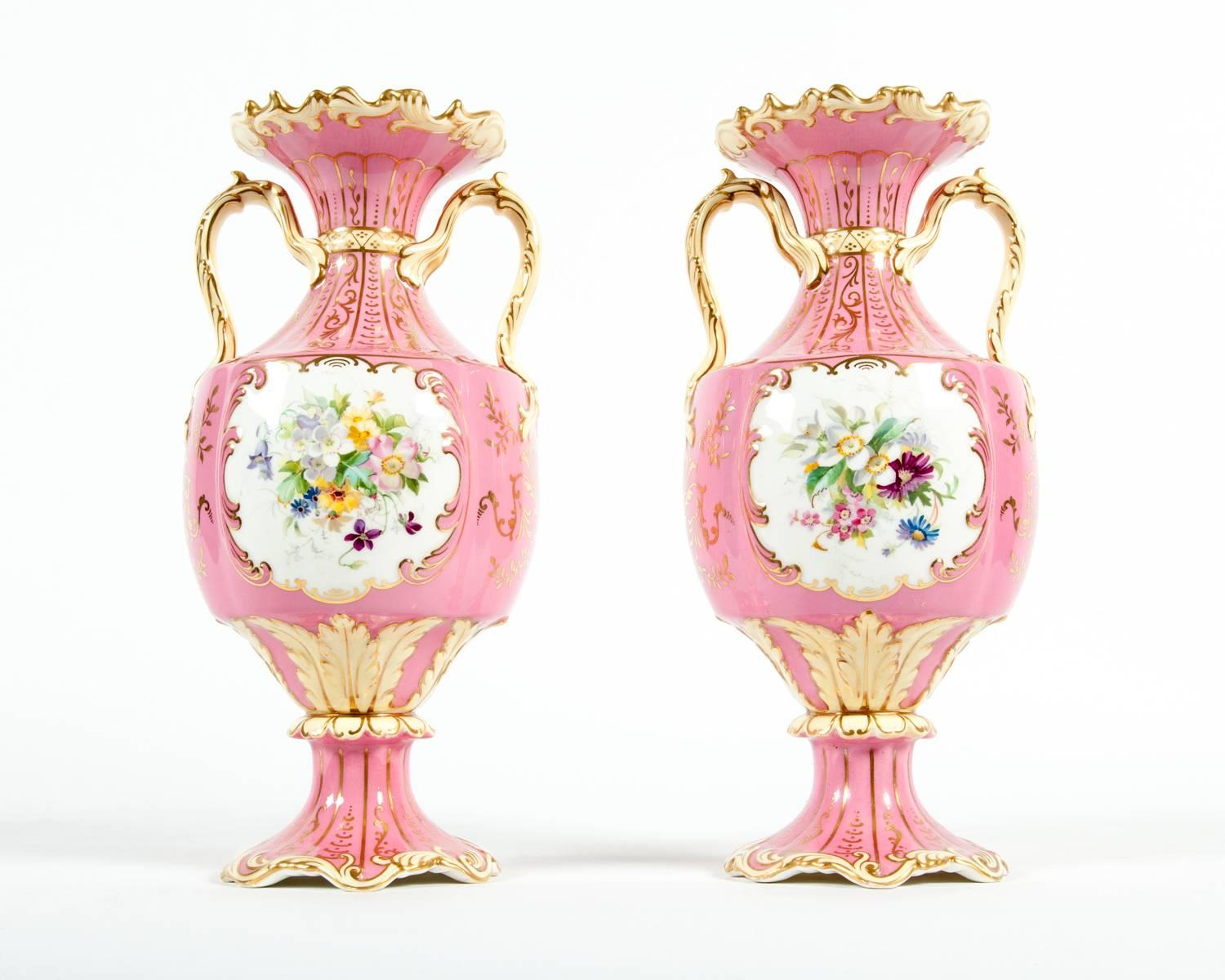 Antique pair English glazed porcelain decorative vases or pieces with interior / exterior design details . Each vase is in excellent antique condition , maker's mark undersigned . Each decorative vase / piece  measure 11 inches tall x 6 inches