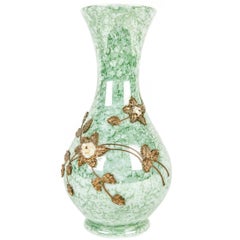 Antique French Glazed with Inlaid Brass Flower Design Vase