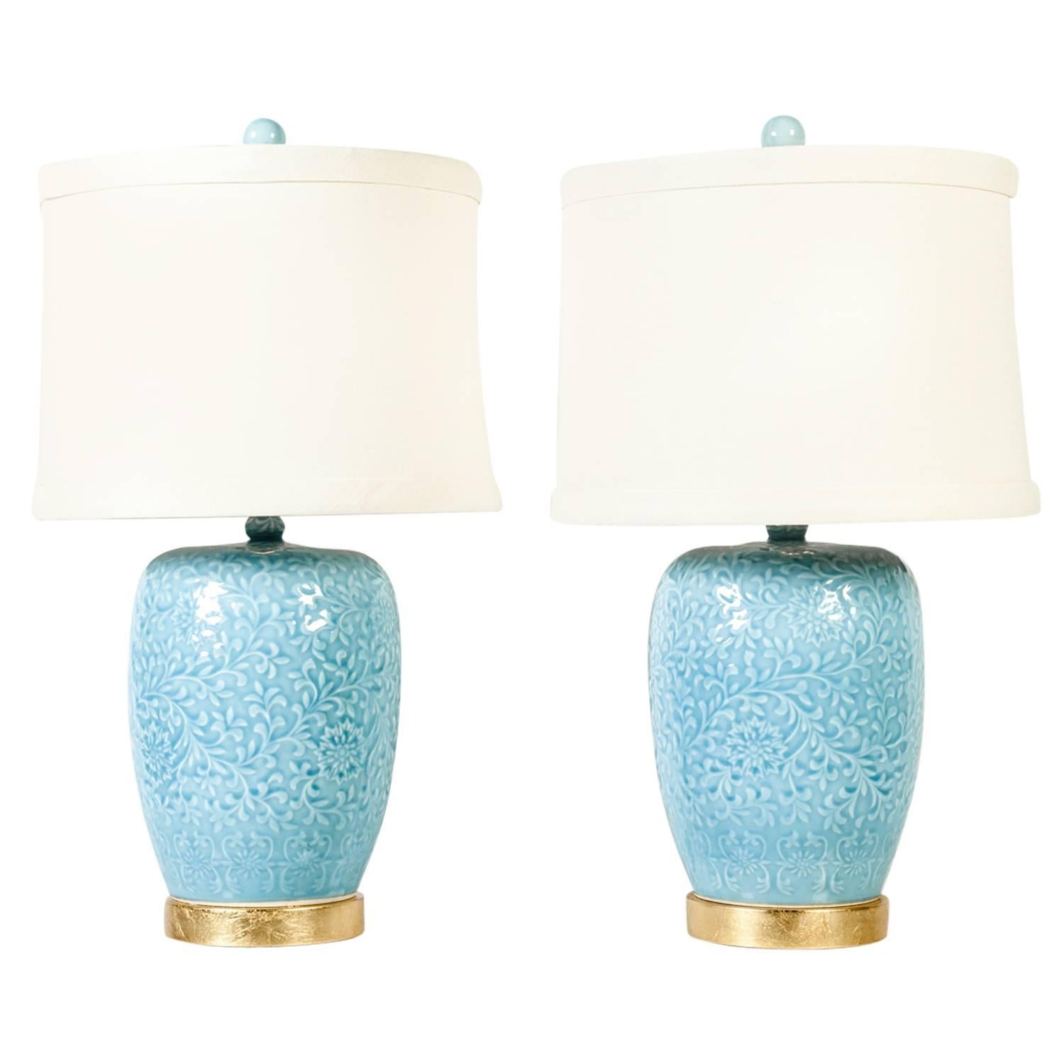 Contemporary Powdered  Blue Jar Table / Task Lamps with Gilt Brass Base