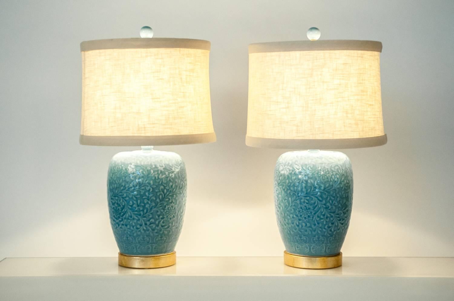 American Classical Contemporary Powdered  Blue Jar Table / Task Lamps with Gilt Brass Base