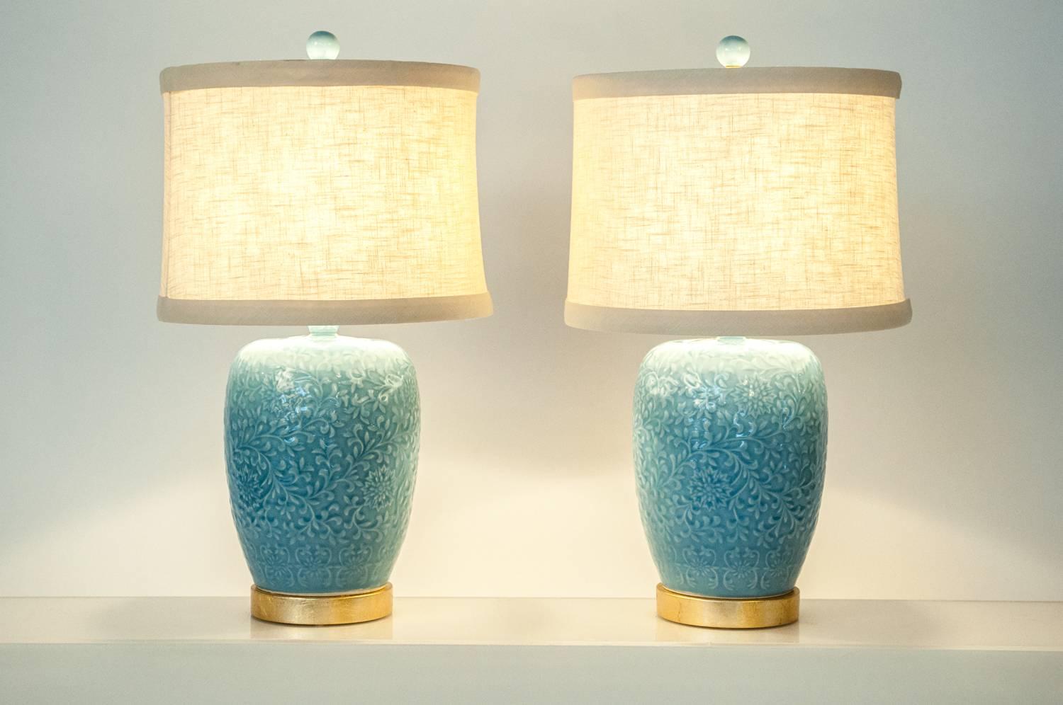 North American Contemporary Powdered  Blue Jar Table / Task Lamps with Gilt Brass Base