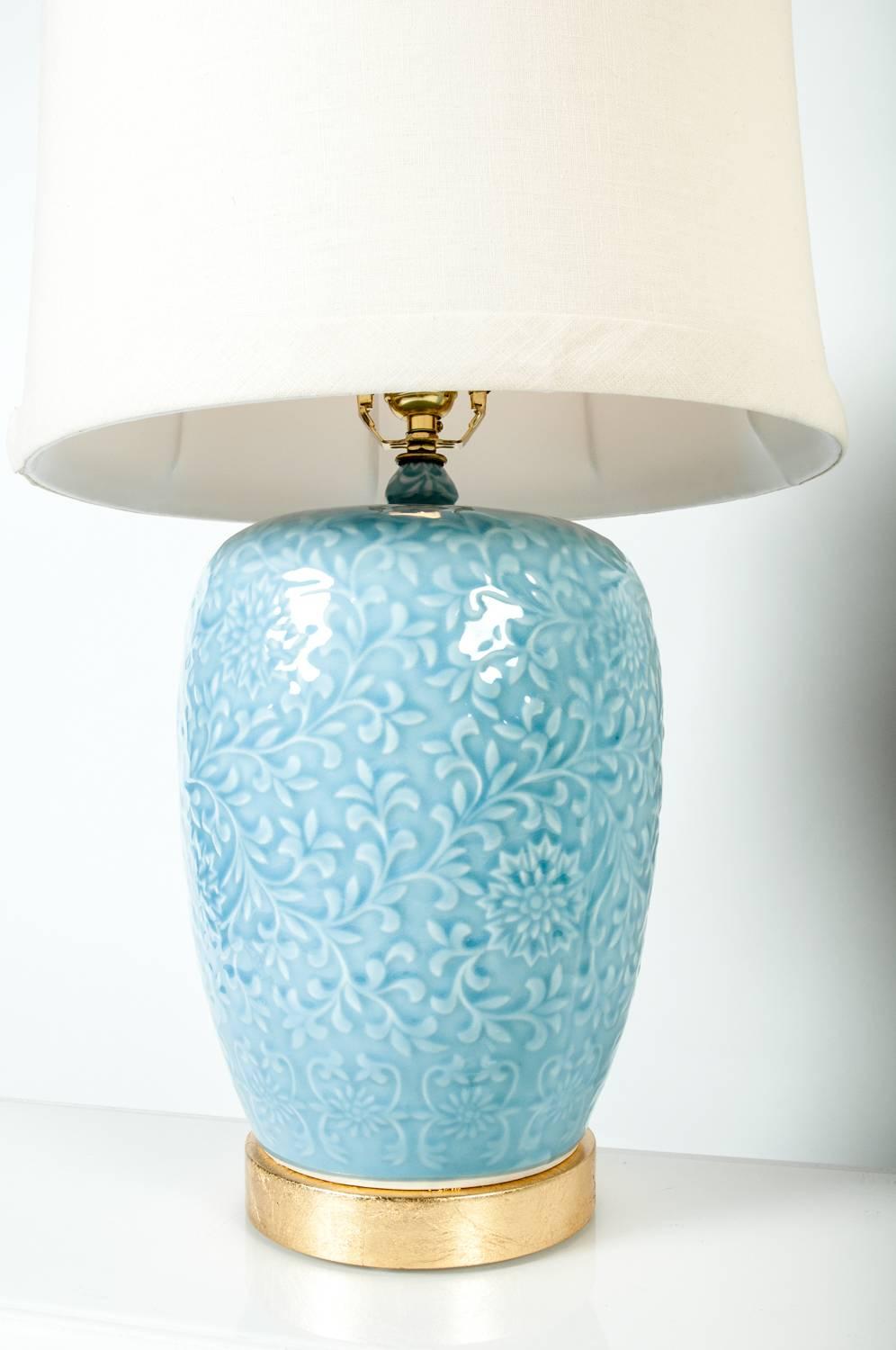 Contemporary Powdered  Blue Jar Table / Task Lamps with Gilt Brass Base In Excellent Condition In Tarry Town, NY