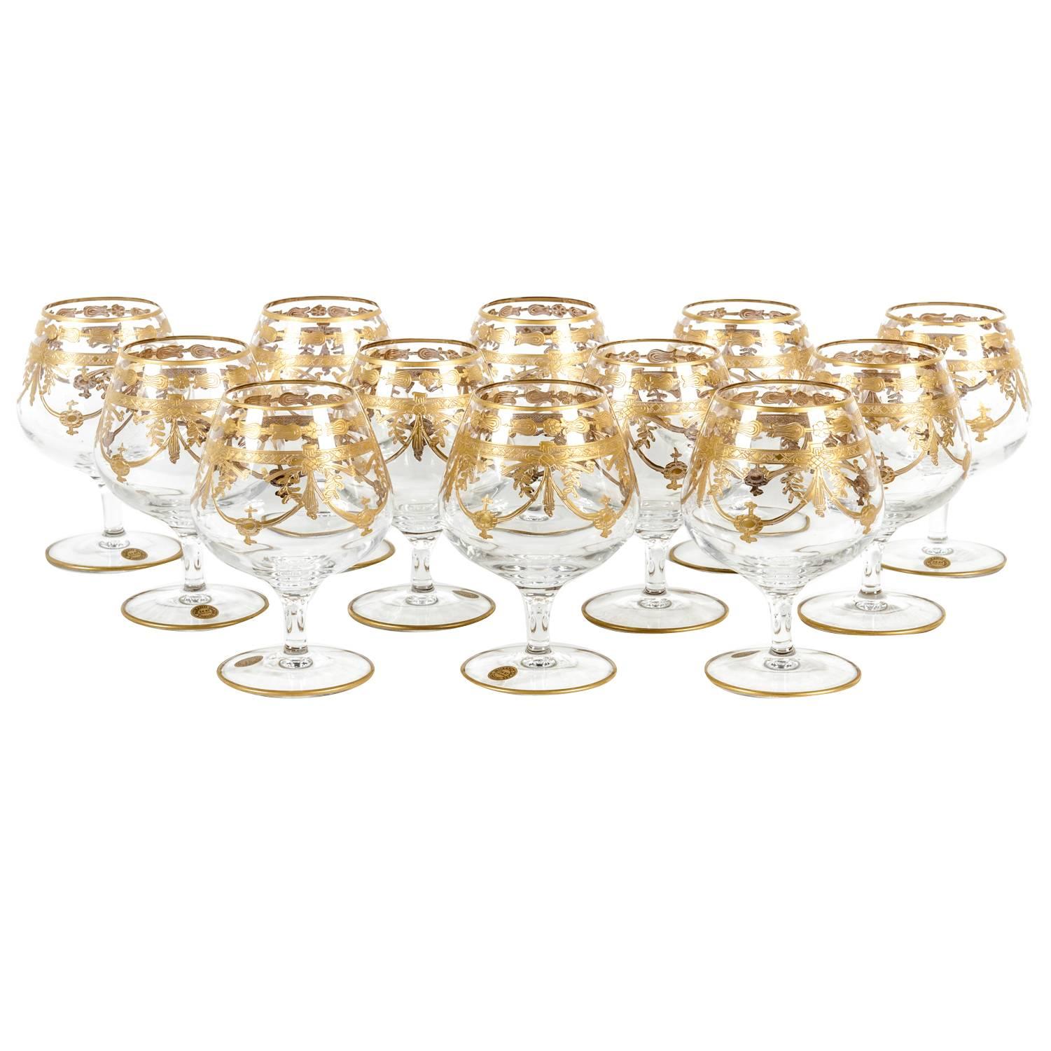 Murano Crystal Set of 12 Cognac / Snifter with 24-Karat Gold Design