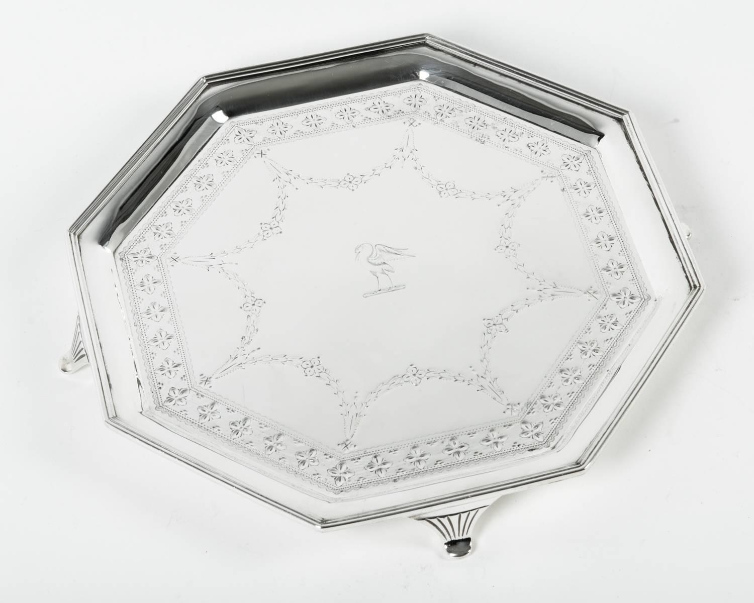 Early 20th Century Vintage English Silver Plate Octagonal Footed Tray