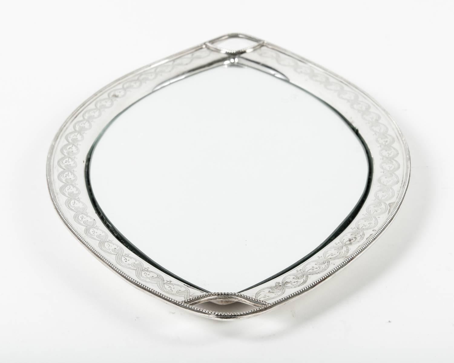 Early 20th Century Antique Footed English Silver Plate Oval Tray with Mirror Insert
