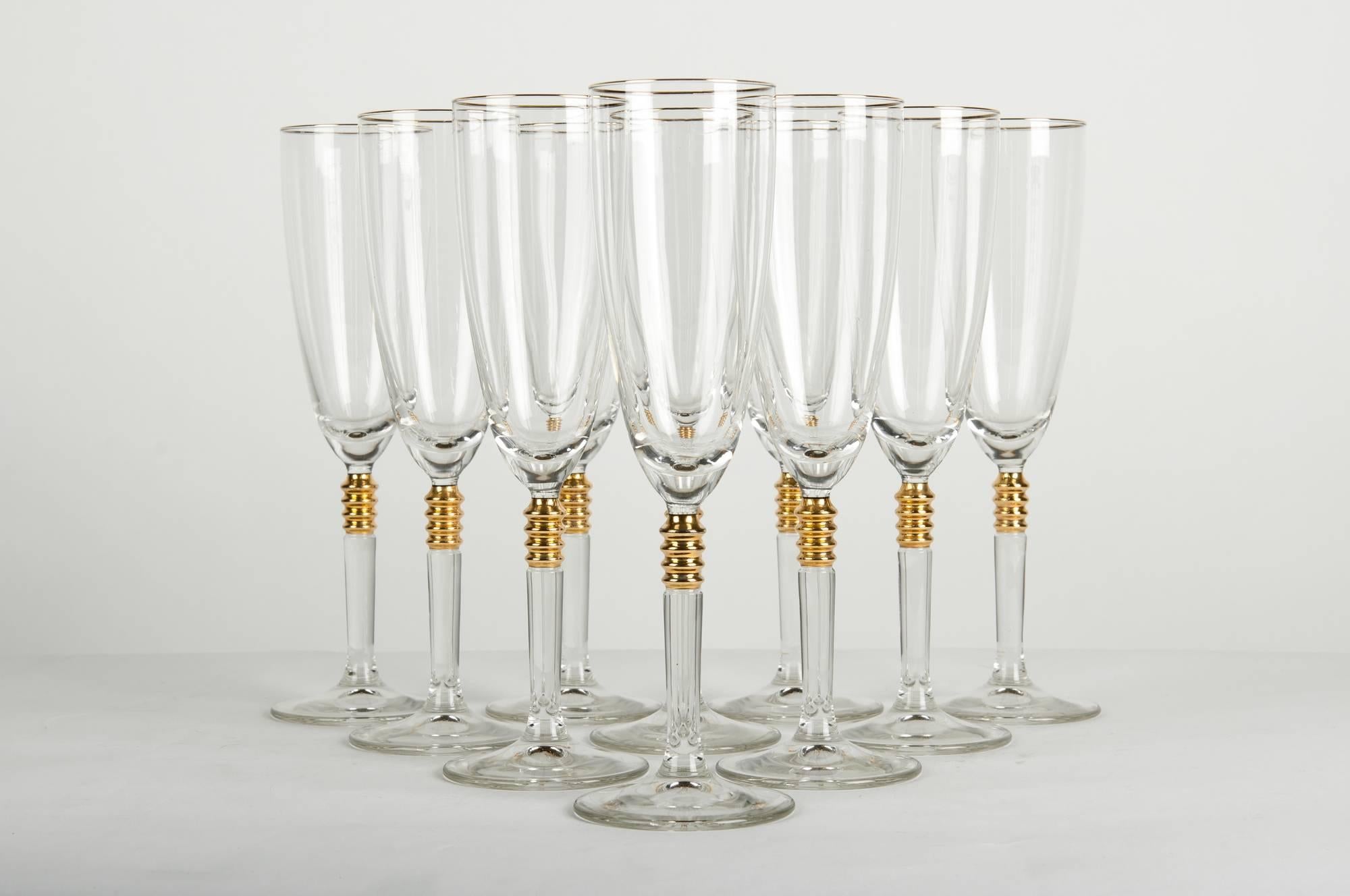 European Vintage Crystal with Gold Design Champagne Flute Set of 12