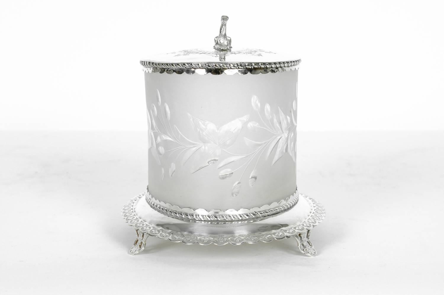 Antique English Oval Silver Plate / Cut Crystal Ice Bucket 3