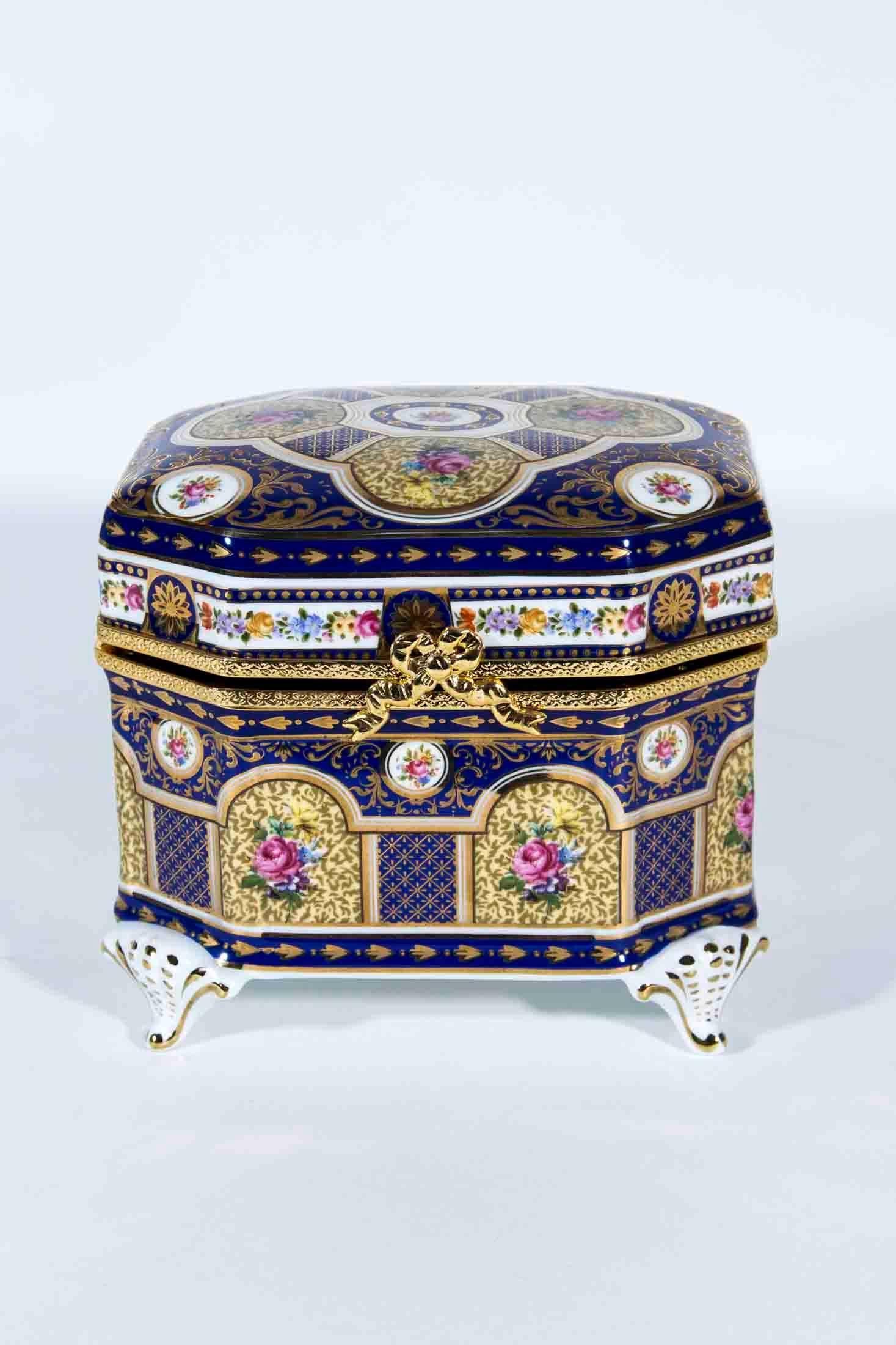 French Antique Limoges Porcelain Box with 24-Karat Gold Design