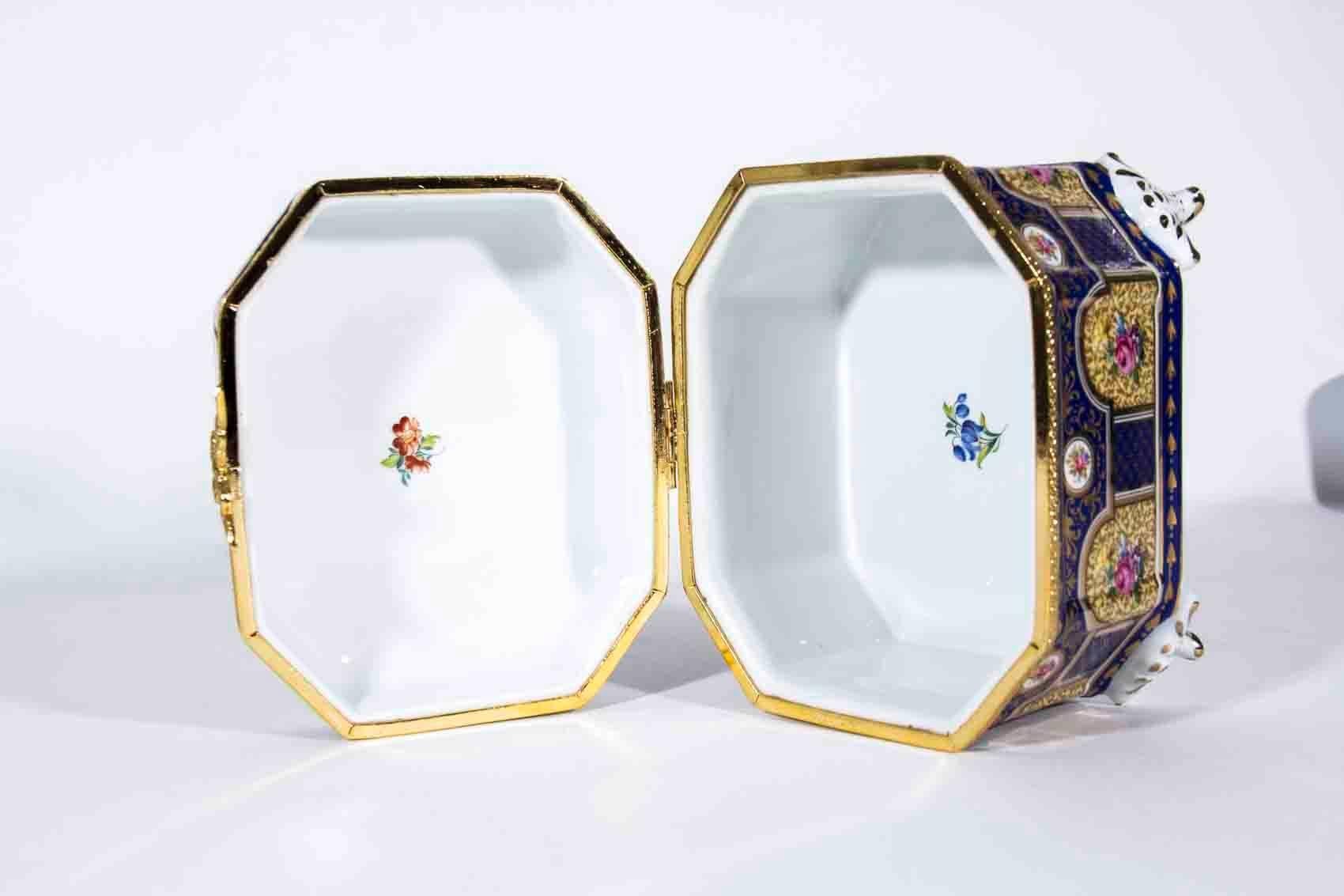 Brass Antique Limoges Porcelain Box with 24-Karat Gold Design