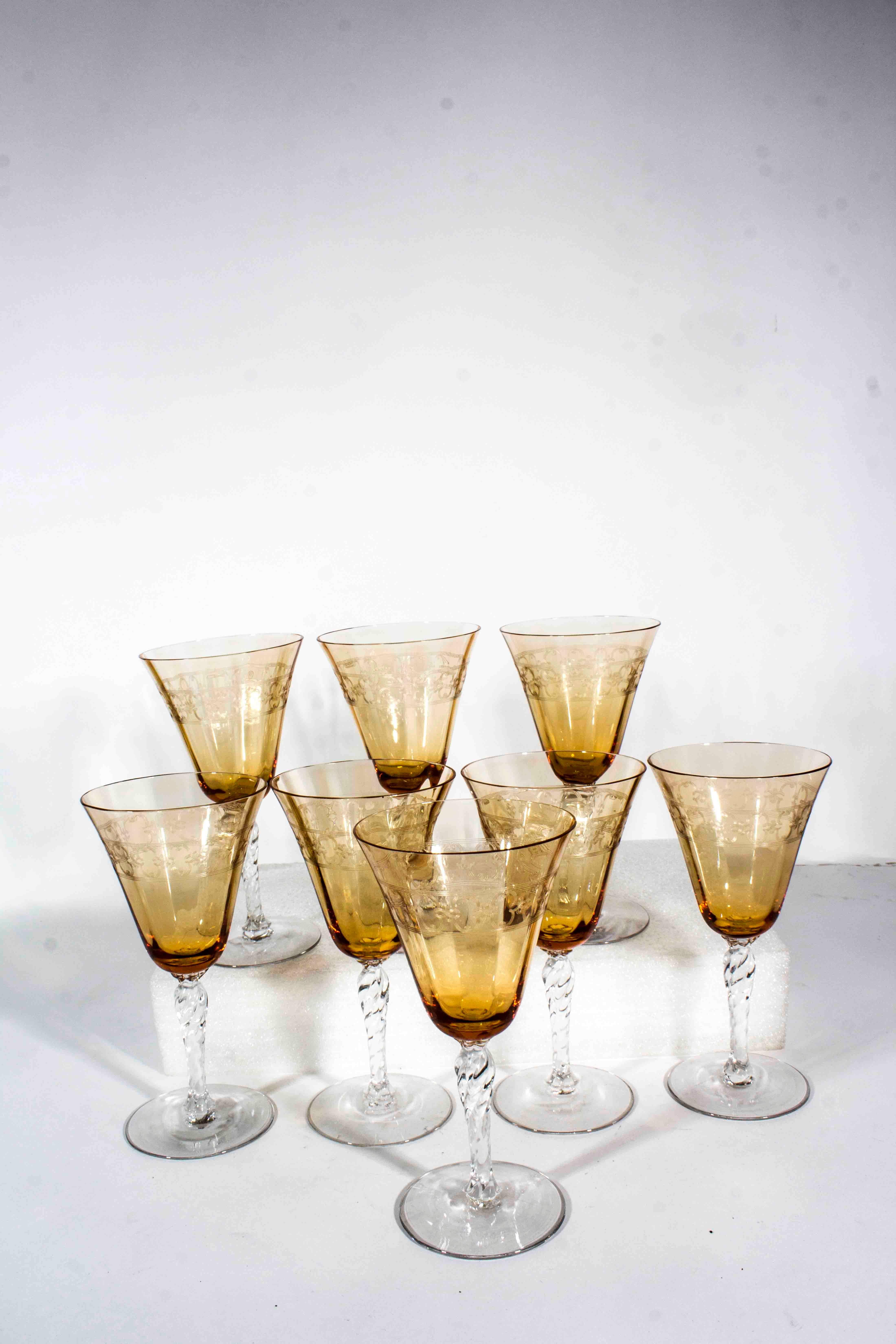 Vintage French etched amber crystal wine glasses in excellent condition. Set of eight. Each measures 7.5