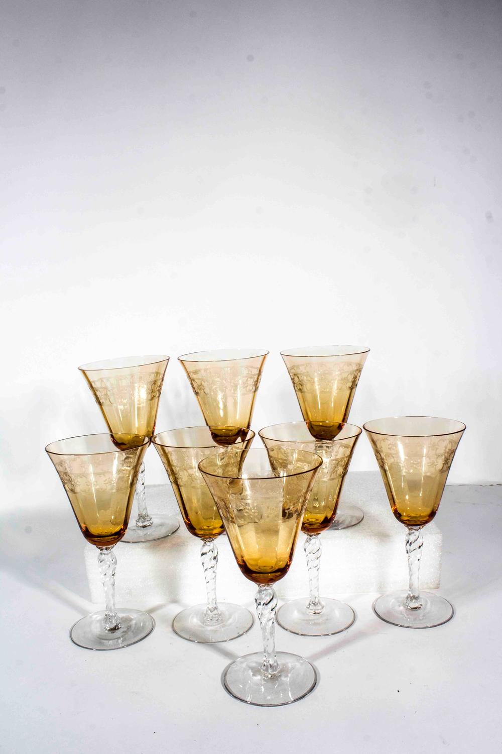 Vintage Etched Amber Crystal Wine Glasses at 1stdibs