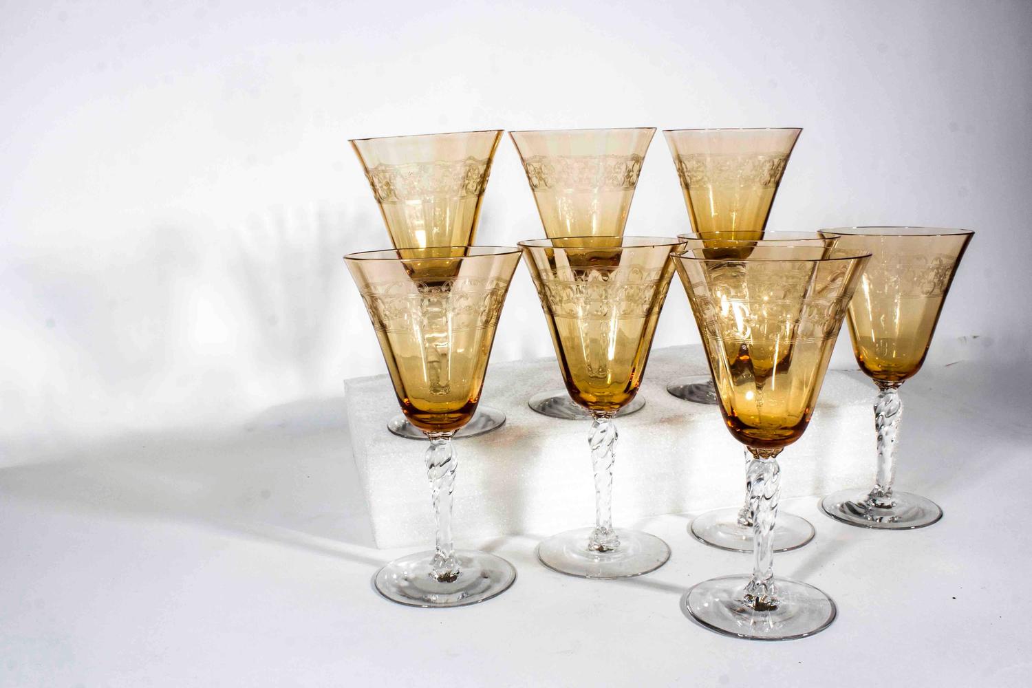 Vintage Etched Amber Crystal Wine Glasses at 1stdibs