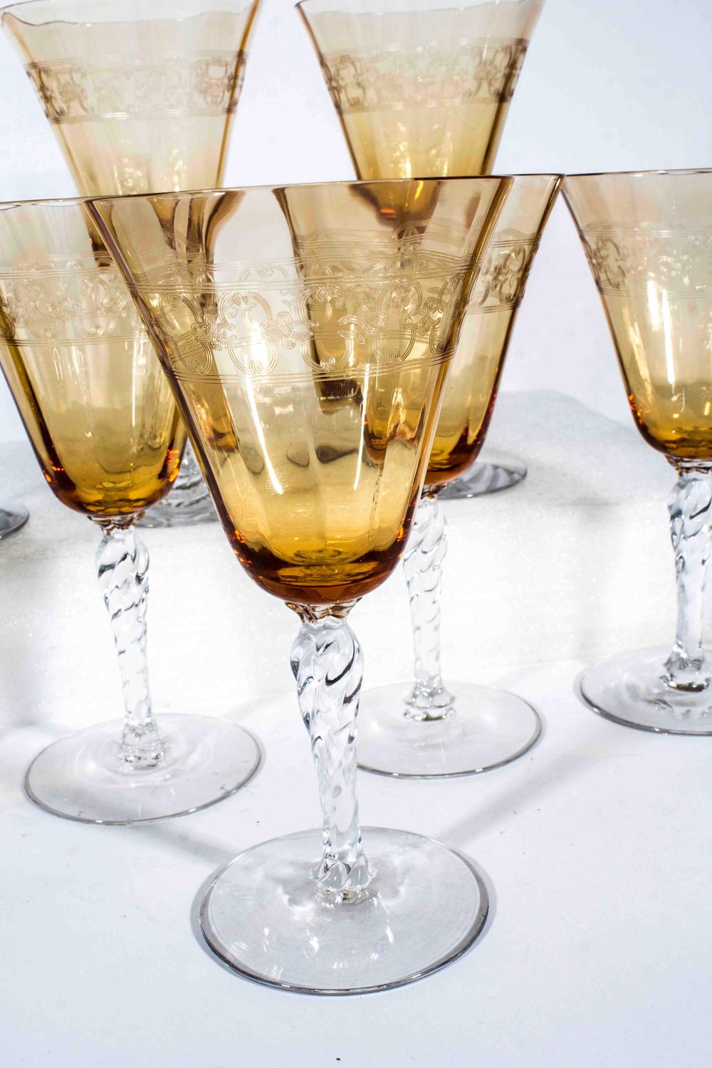 Vintage Etched Amber Crystal Wine Glasses at 1stdibs