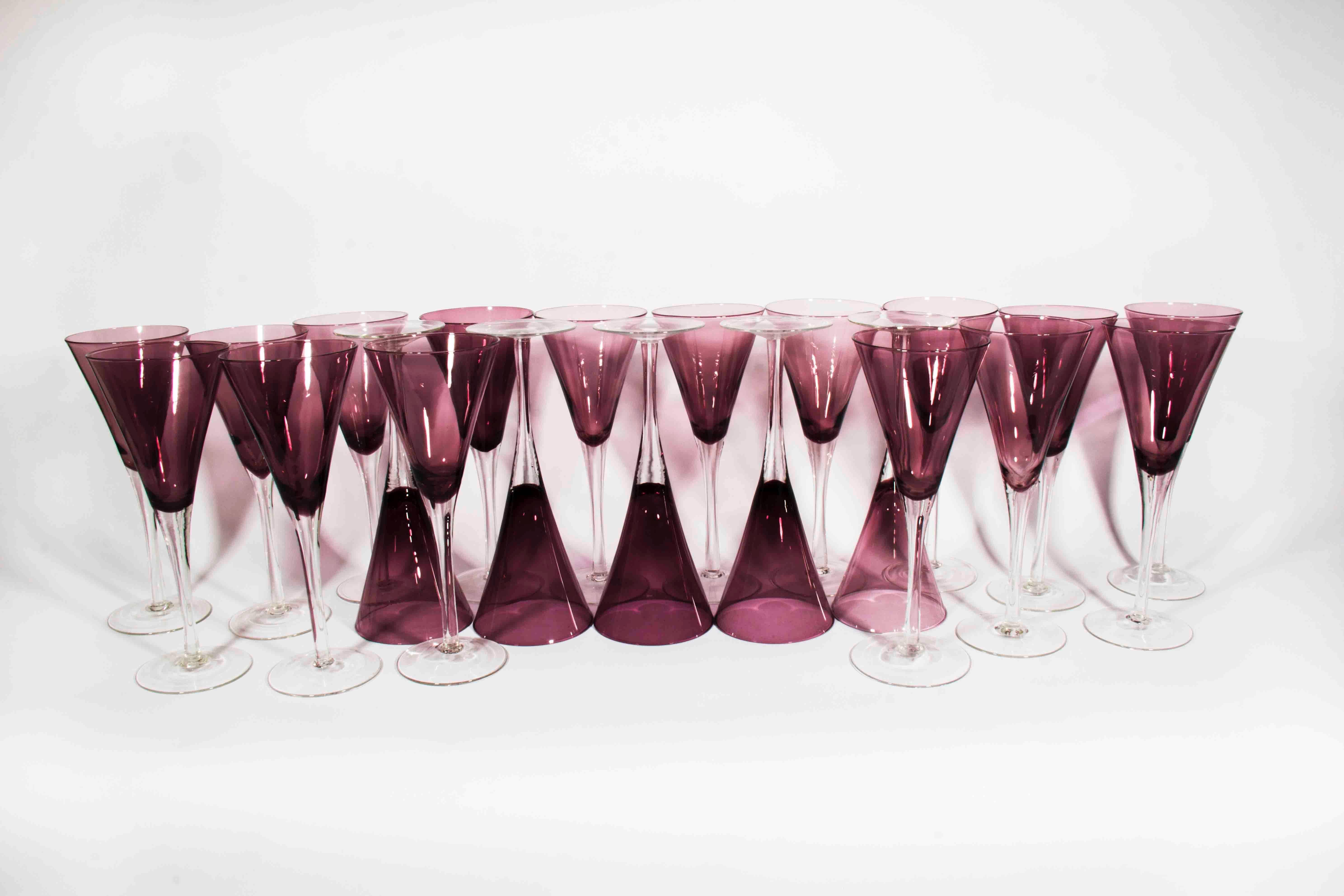 Vintage amethyst Murano champagne flute in excellent condition. Set of 22. Each measures 9