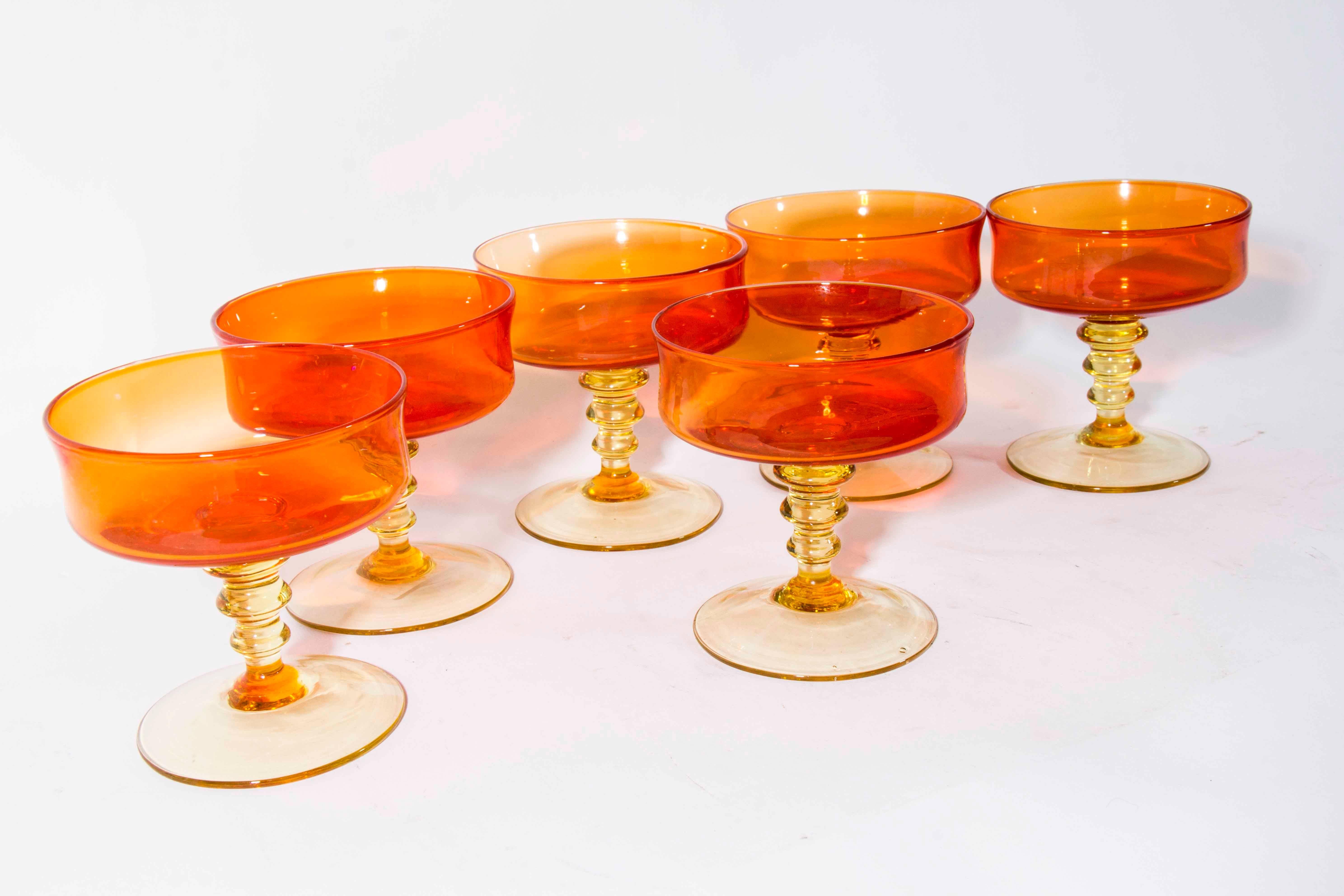 French Vintage Set of Handblown Orange with Amber Stem Champagne Coupe