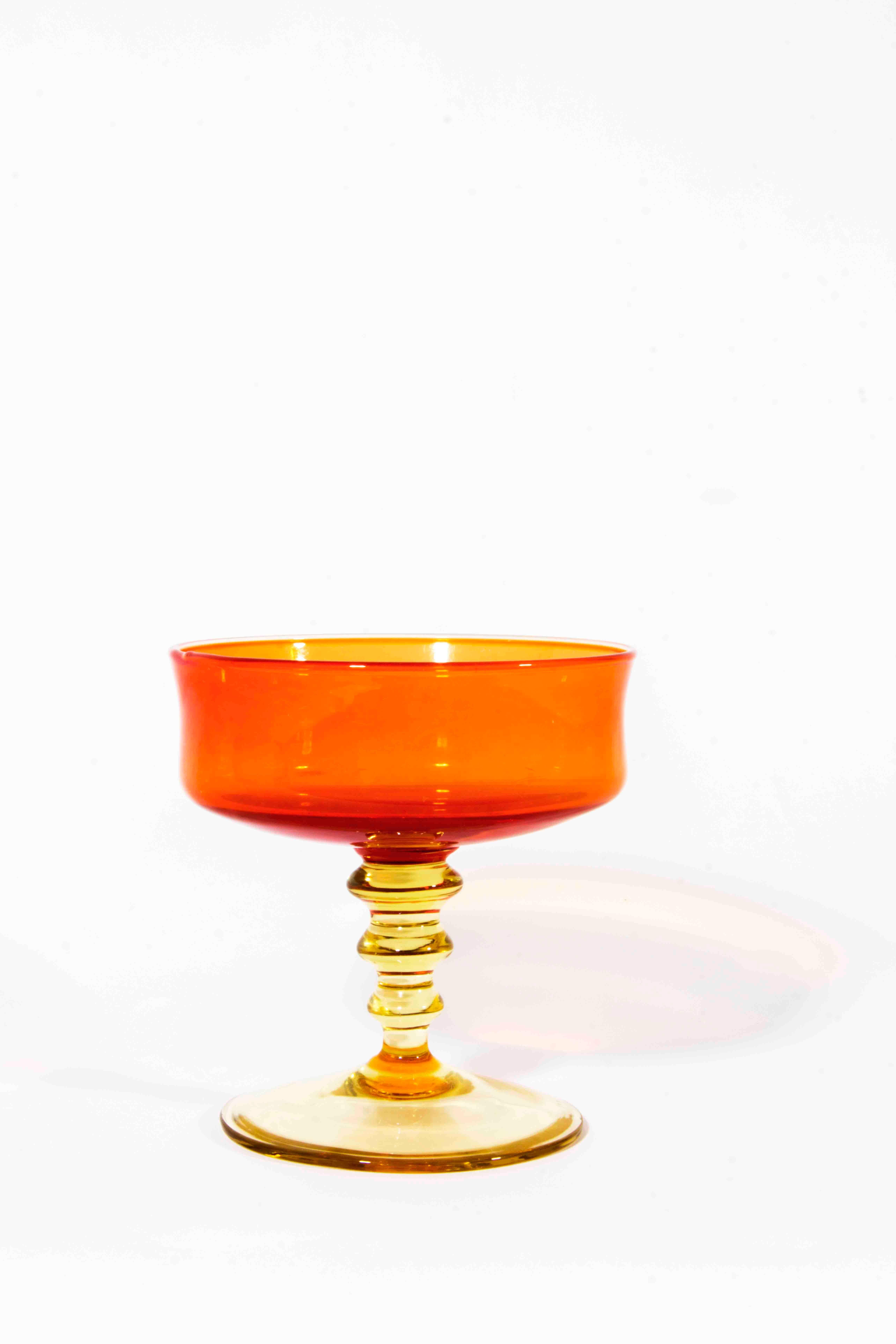 Vintage Set of Handblown Orange with Amber Stem Champagne Coupe In Excellent Condition In Tarry Town, NY
