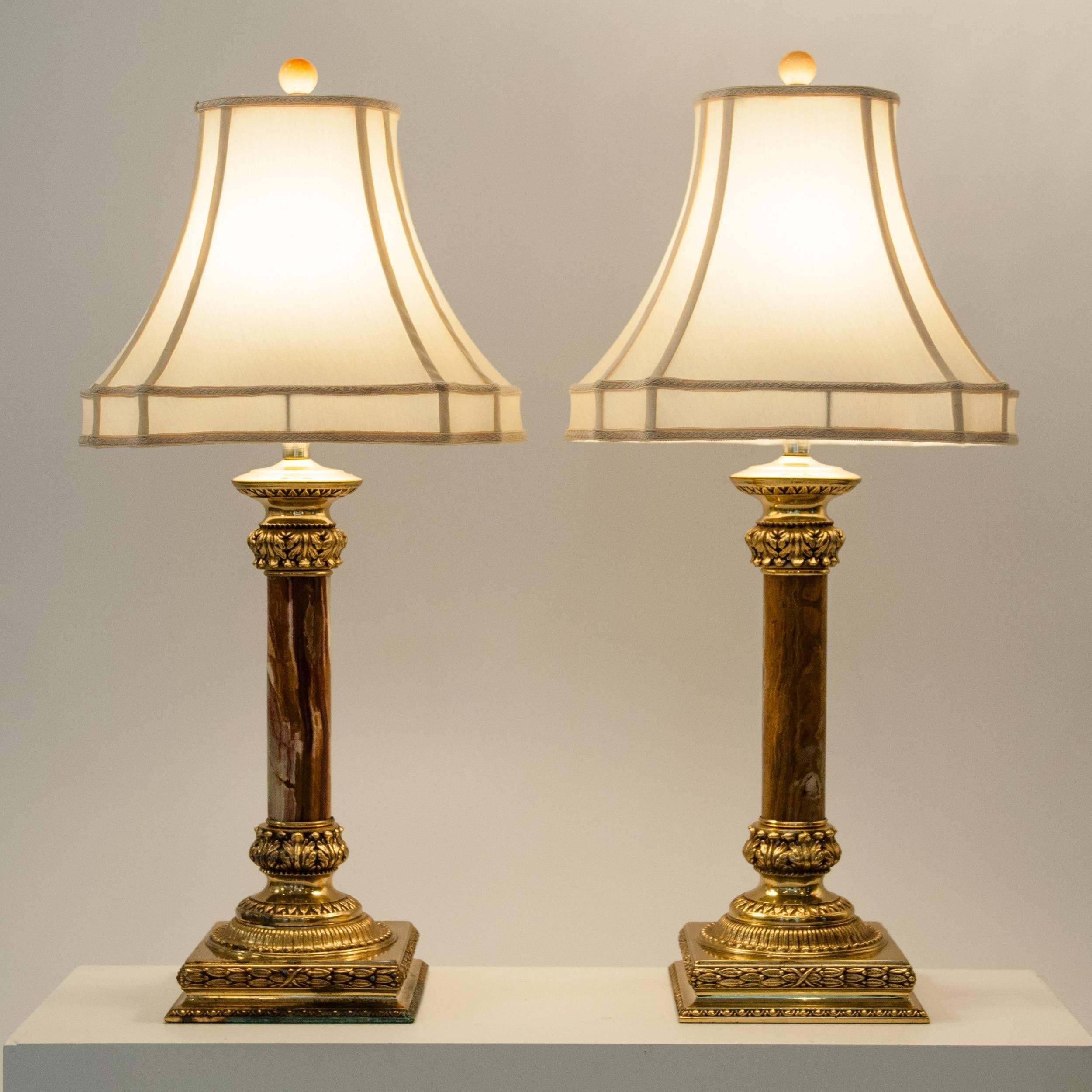 Antique Pair of Jade Lamps with Solid Brass Base In Excellent Condition In Tarry Town, NY