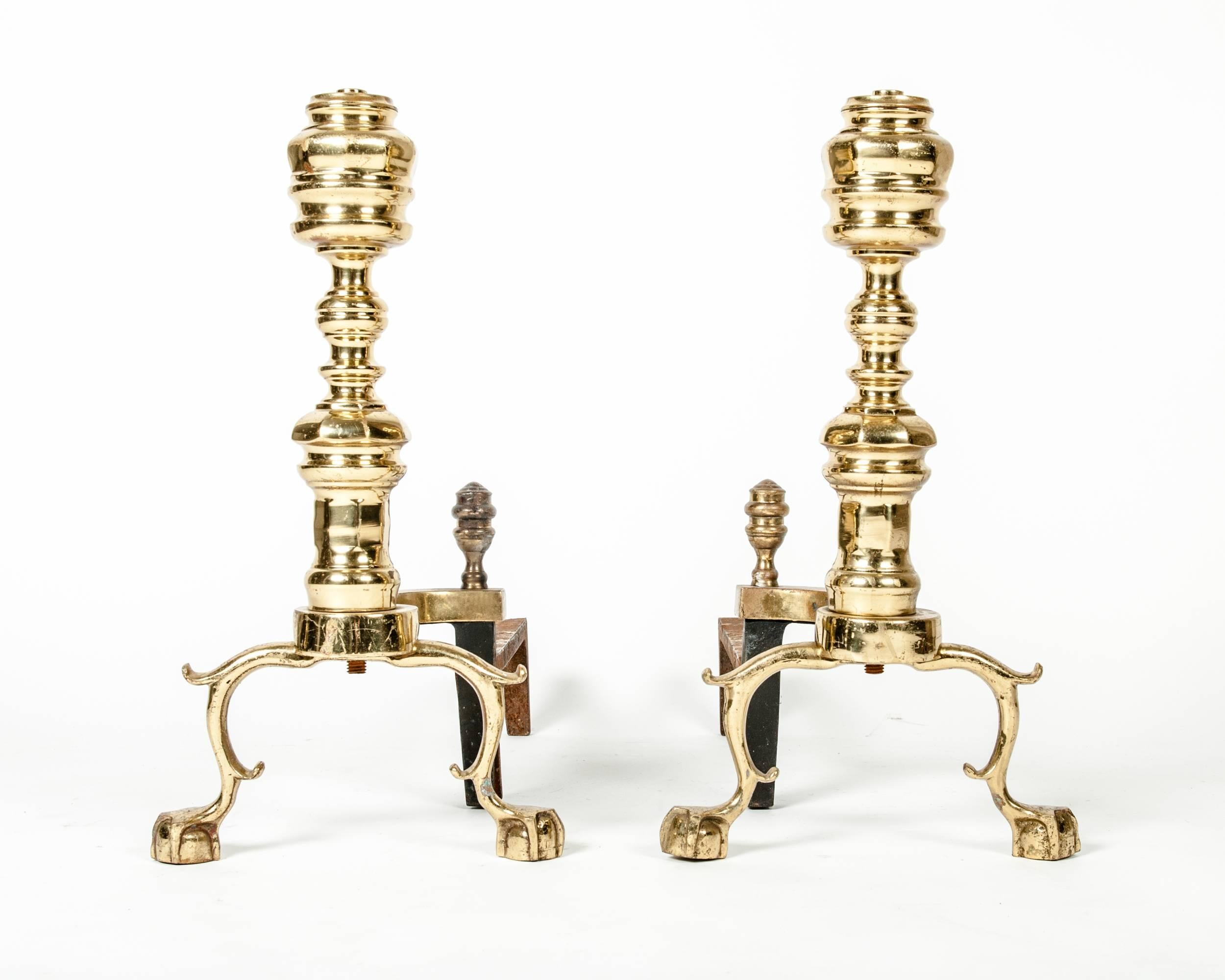 Vintage Solid Brass Andirons In Excellent Condition In Tarry Town, NY