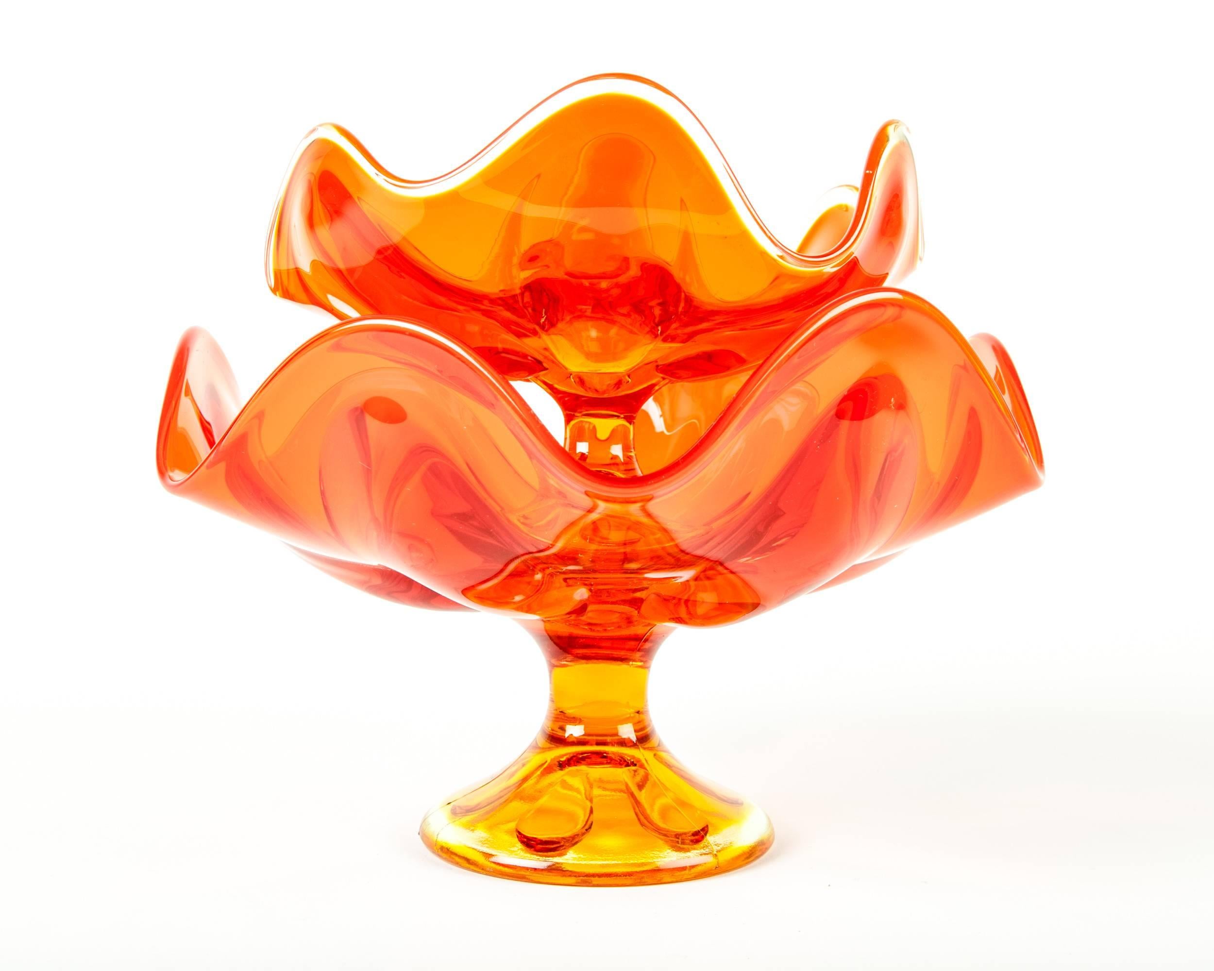 Glass Vintage Pair of European Orange Decorative Compotes